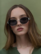Round Silver Metal Oval Sunglasses - Black