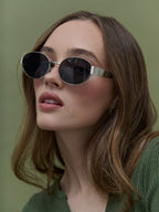 Round Silver Metal Oval Sunglasses - Black