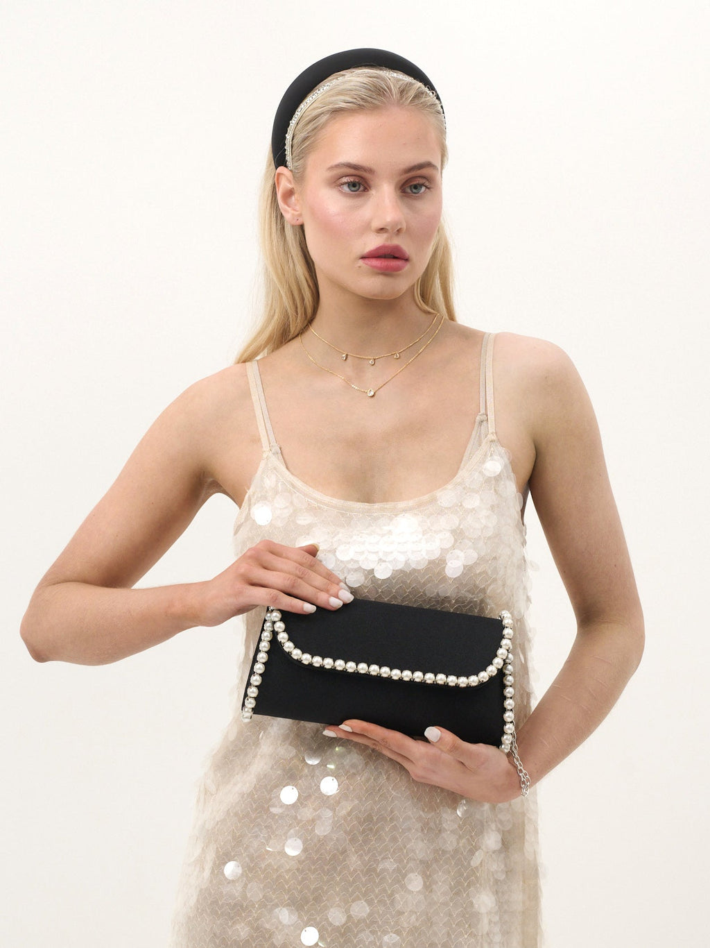 Yvette Pearl Trim Clutch Bag - Black