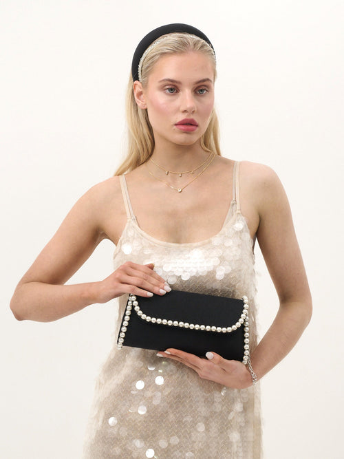 Yvette Pearl Trim Clutch Bag - Black