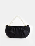 Victoria Satin Pearl Strap Bag in Black