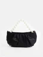 Victoria Satin Pearl Strap Bag in Black