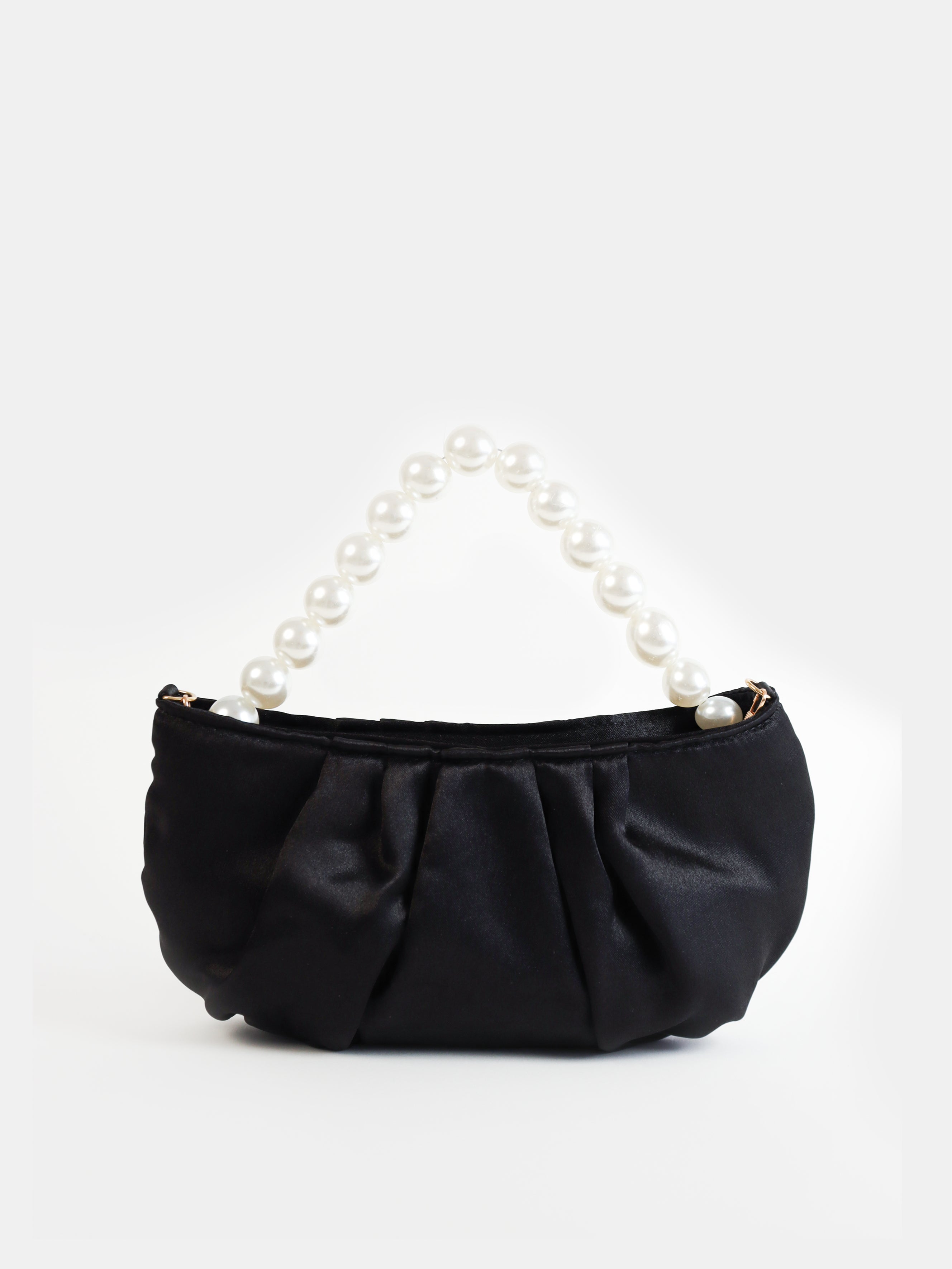 Victoria Satin Pearl Strap Bag in Black