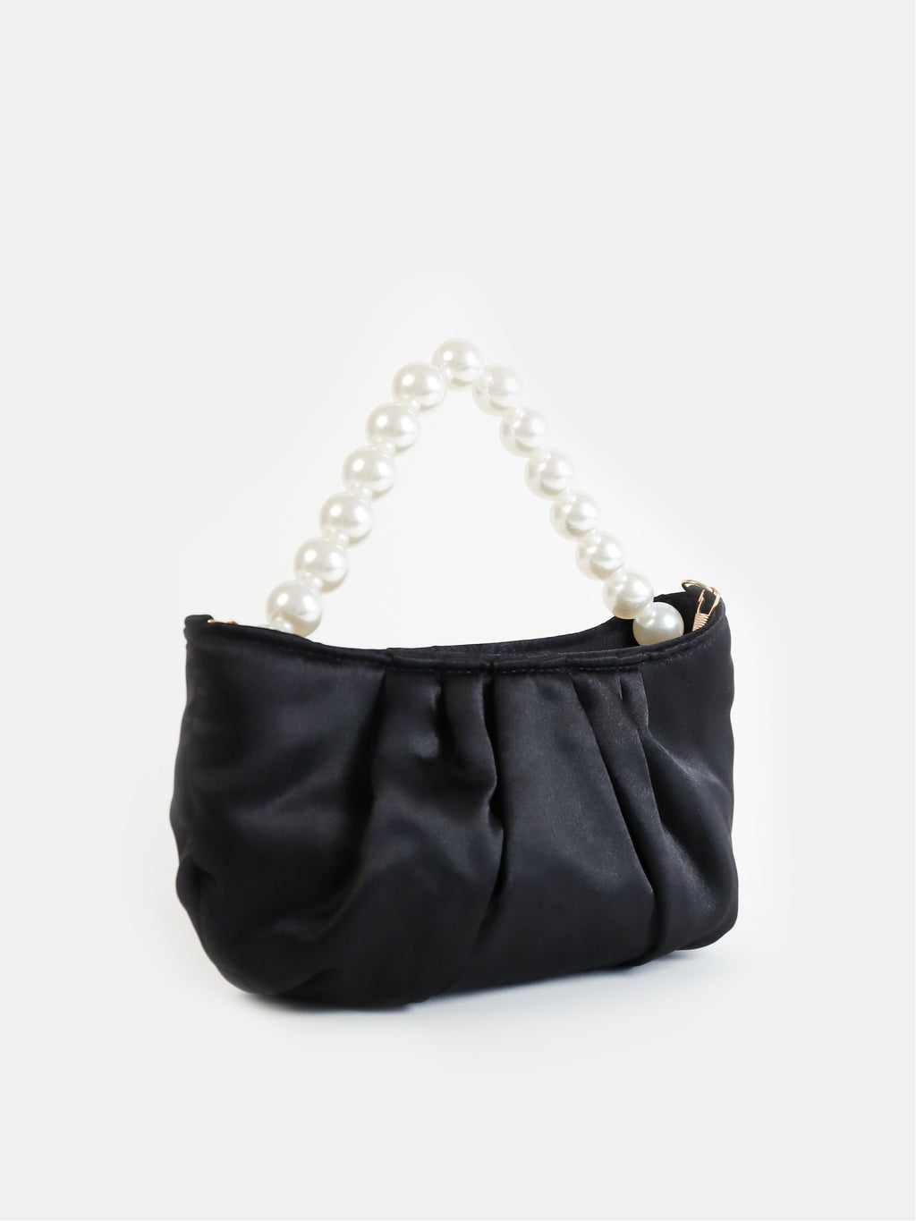 Victoria Satin Pearl Strap Bag in Black