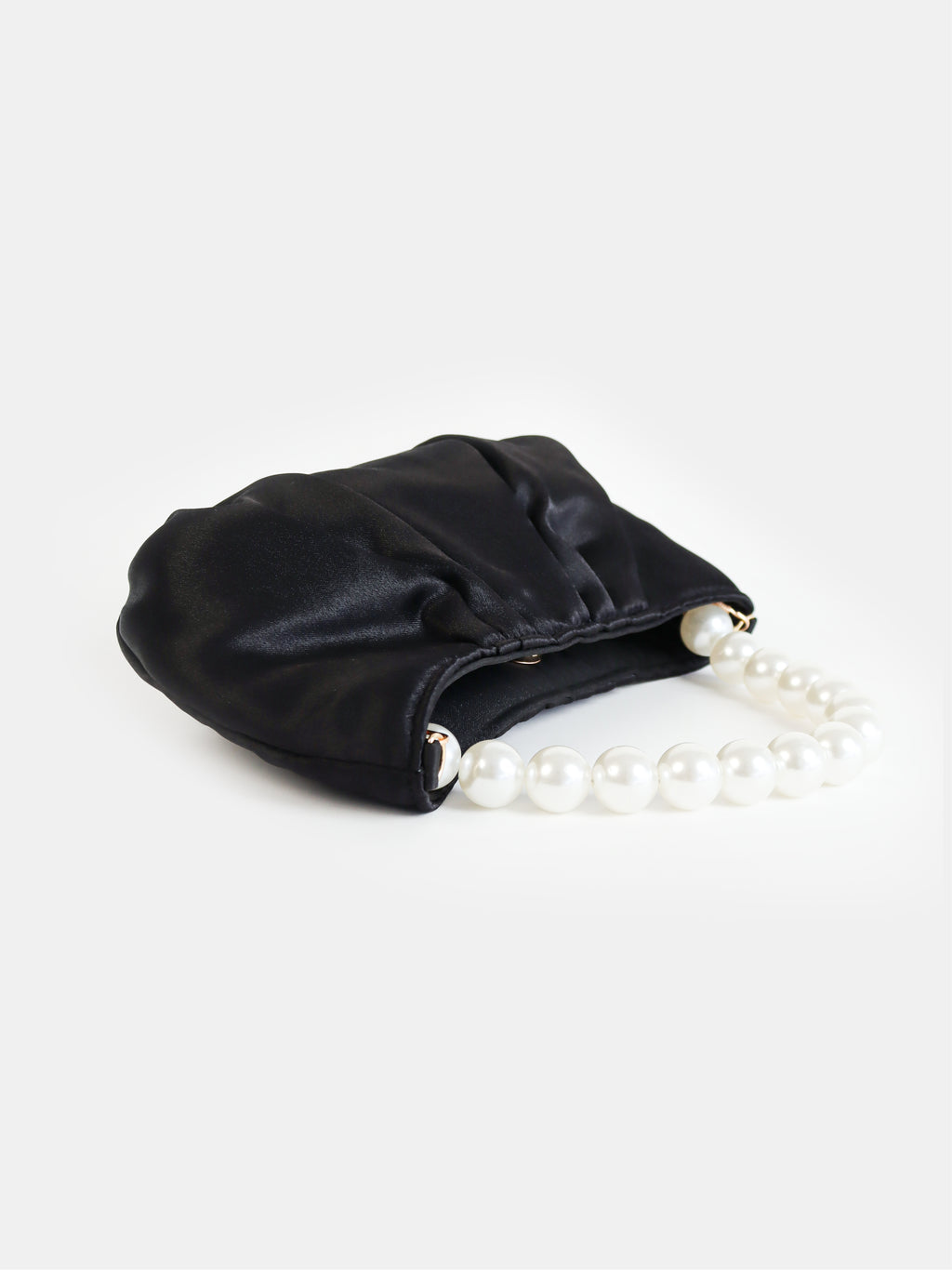 Victoria Satin Pearl Strap Bag in Black