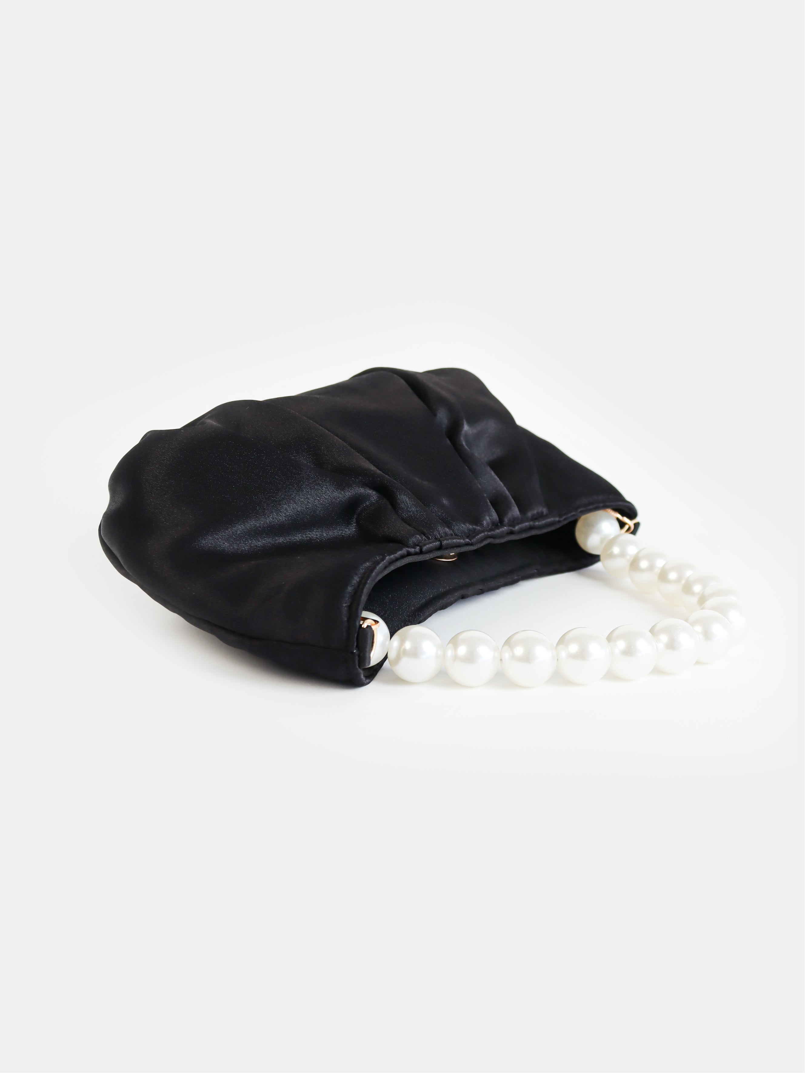 Victoria Satin Pearl Strap Bag in Black