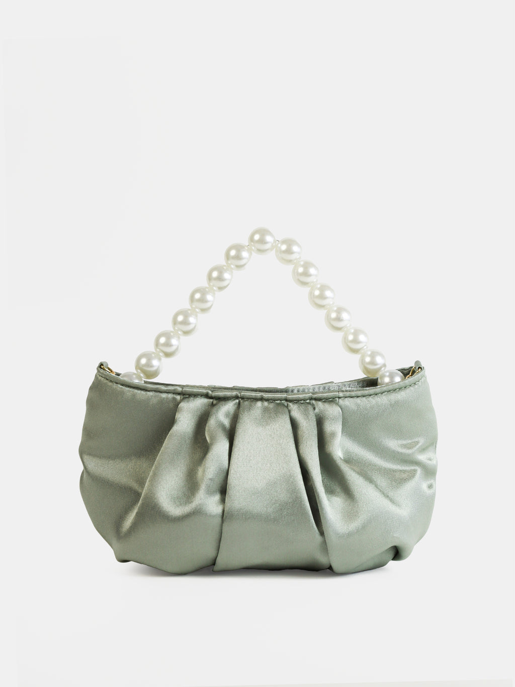 Victoria Satin Pearl Strap Bag in Sage