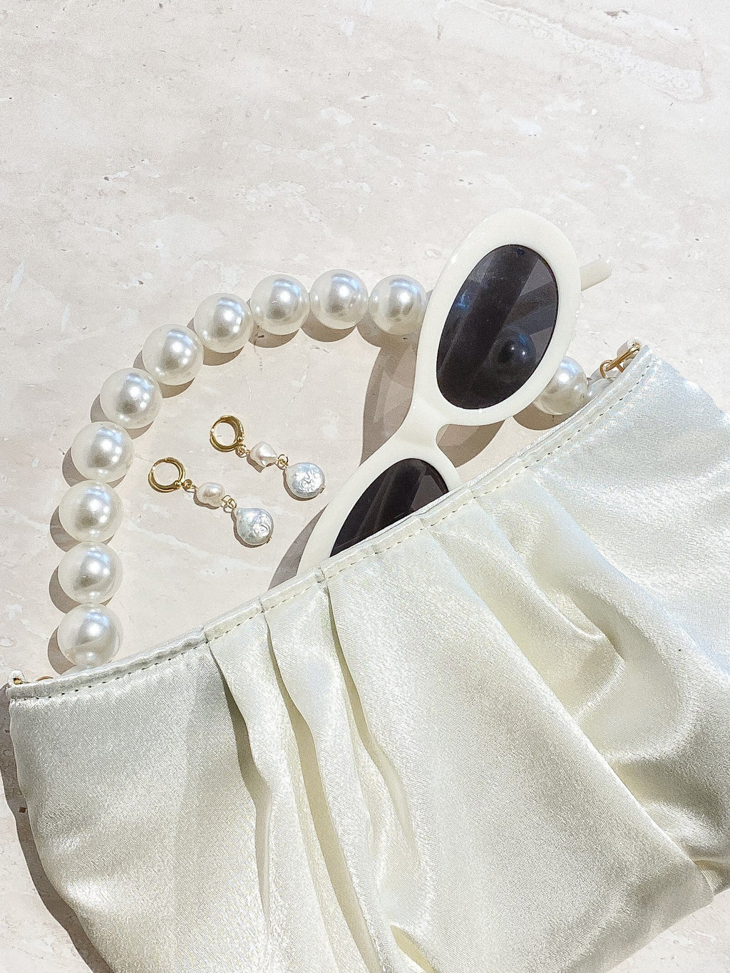 Victoria Satin Pearl Strap Bag - White