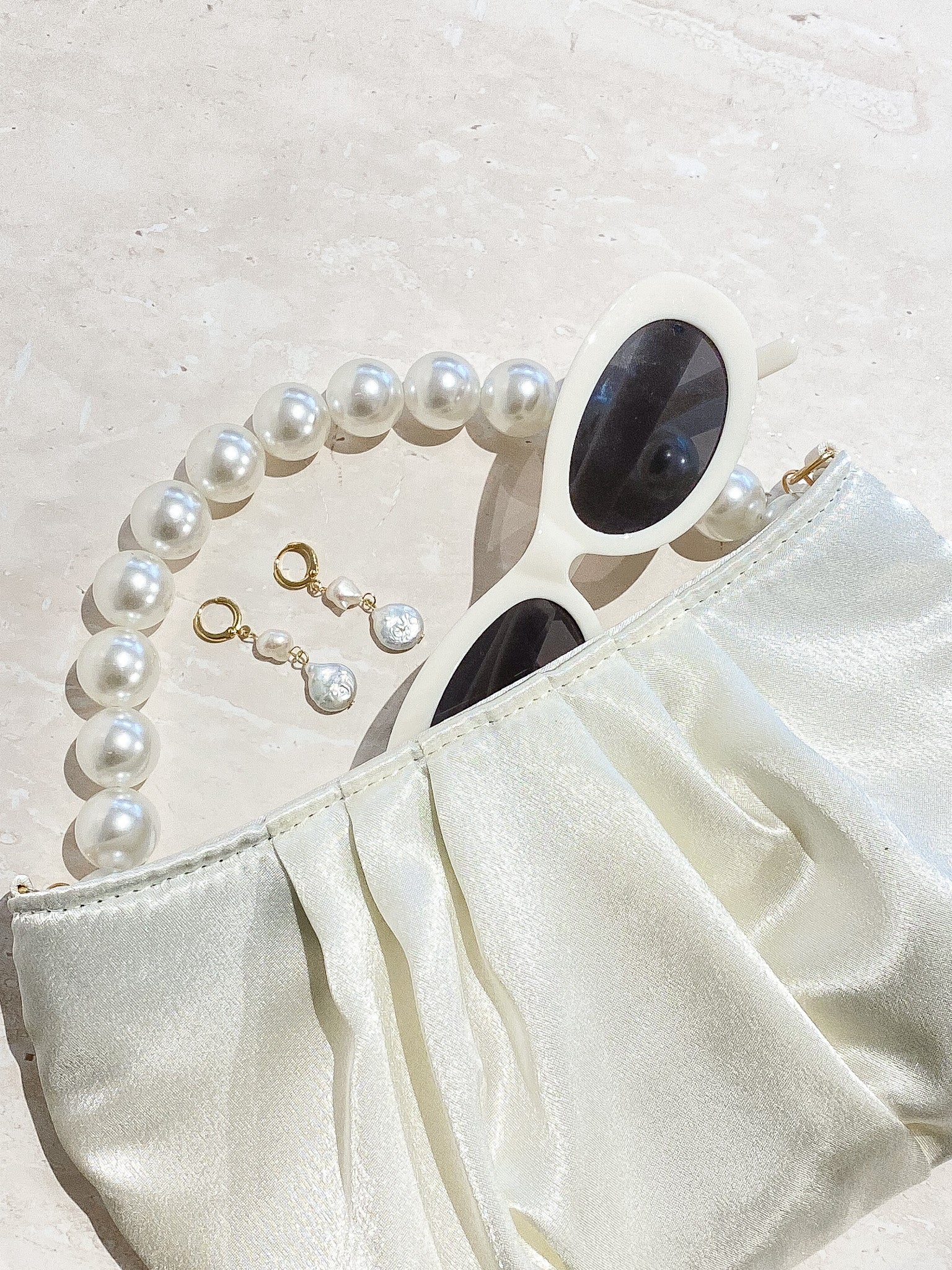 Victoria Satin Pearl Strap Bag - White