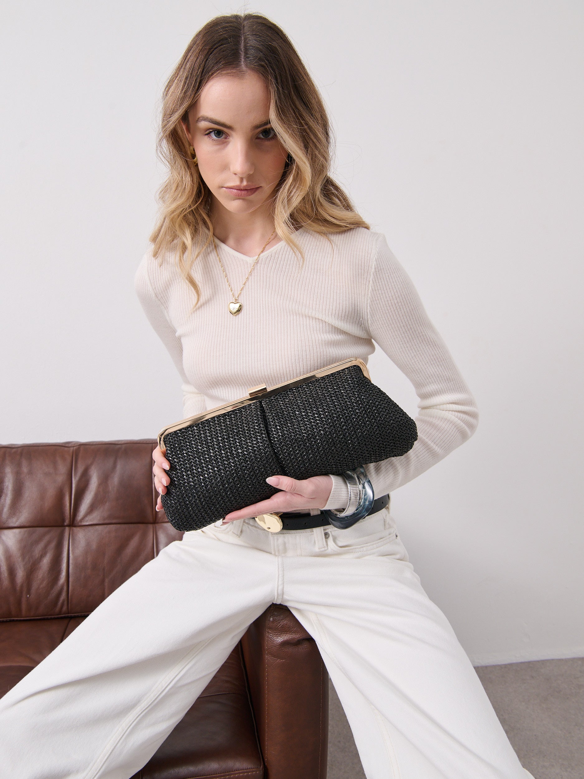 Bianca Straw Clutch Bag - Black