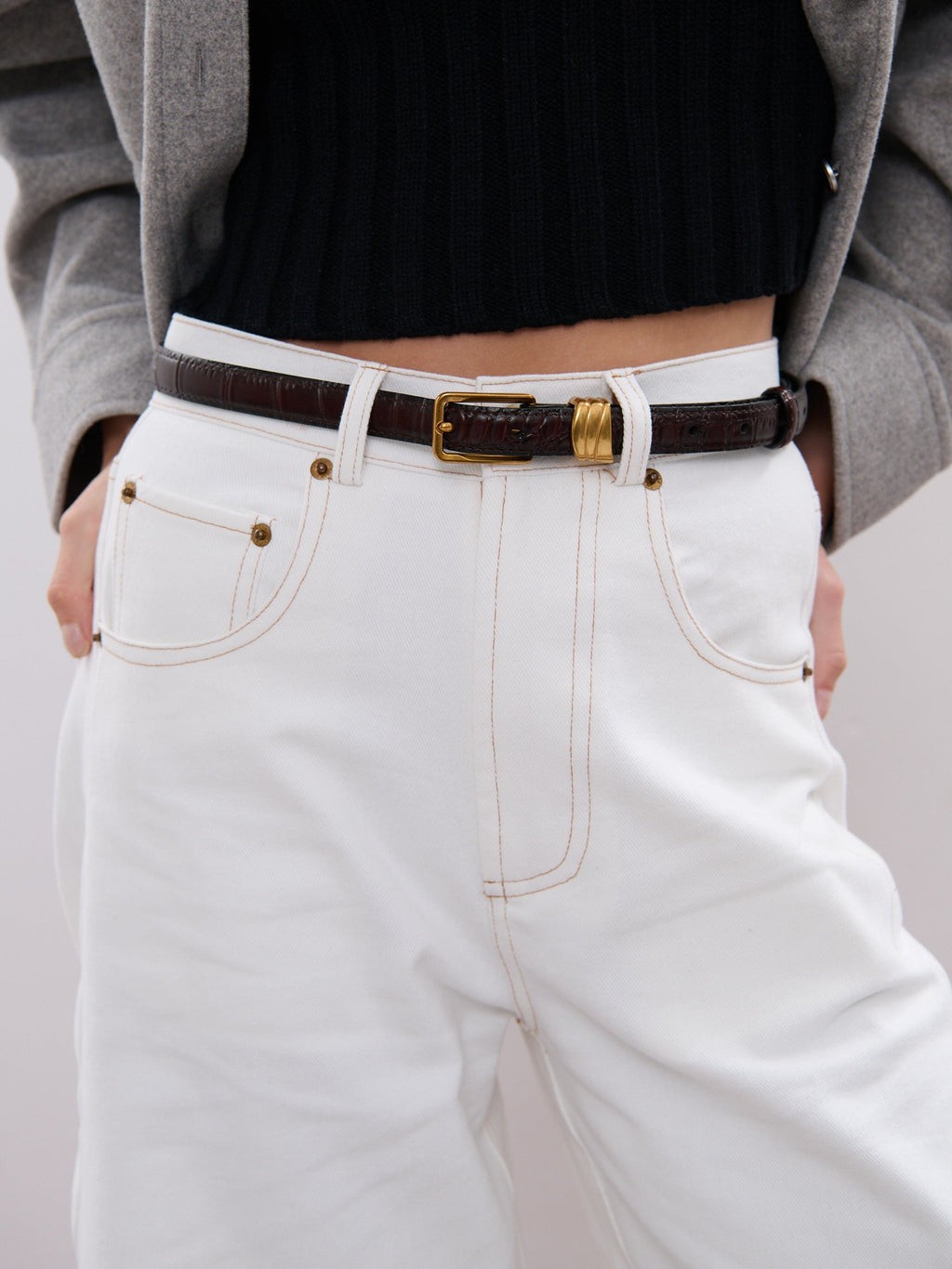 Lesley Skinny Genuine Leather Belt - Wine