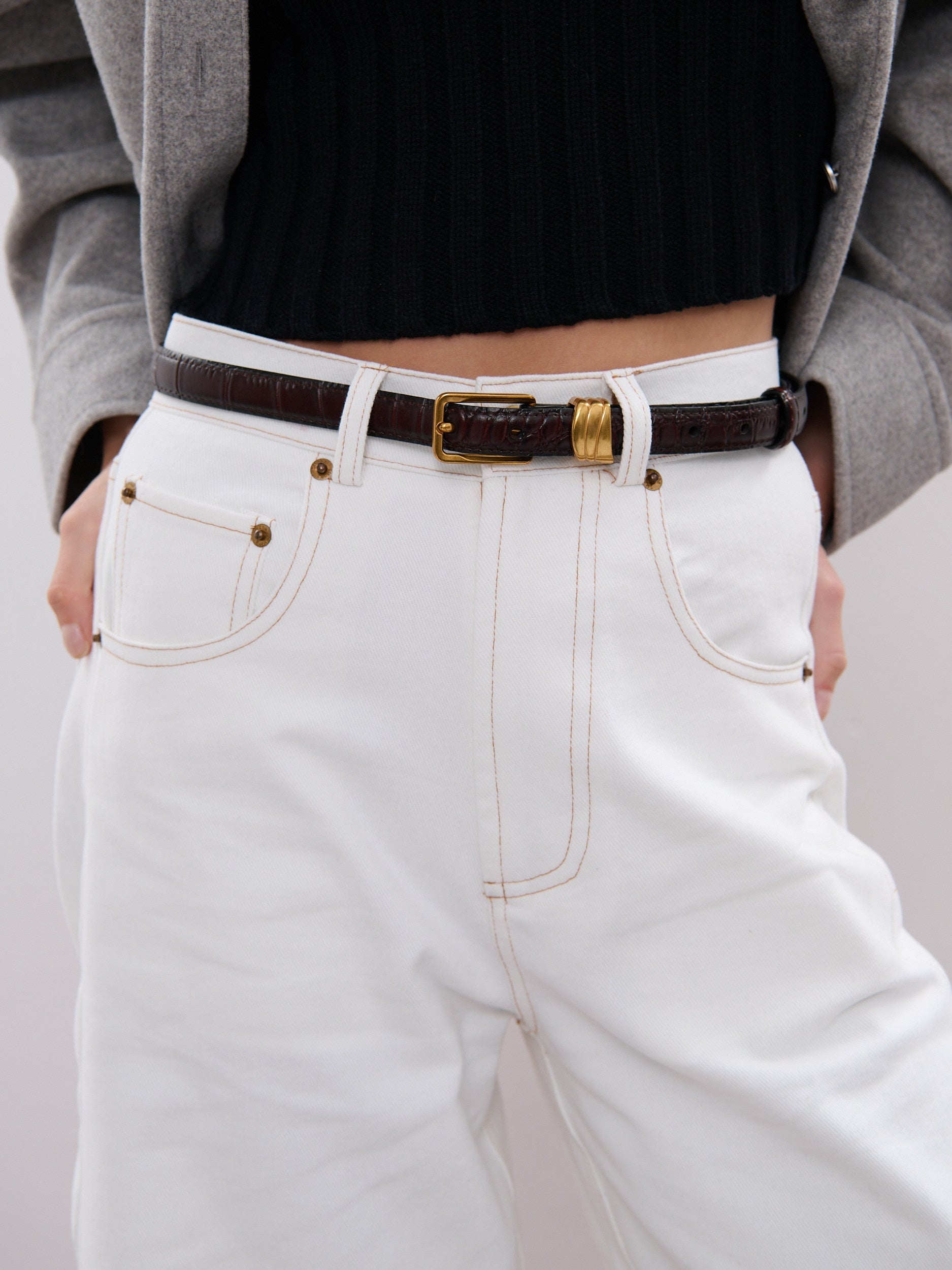 Lesley Skinny Genuine Leather Belt - Wine