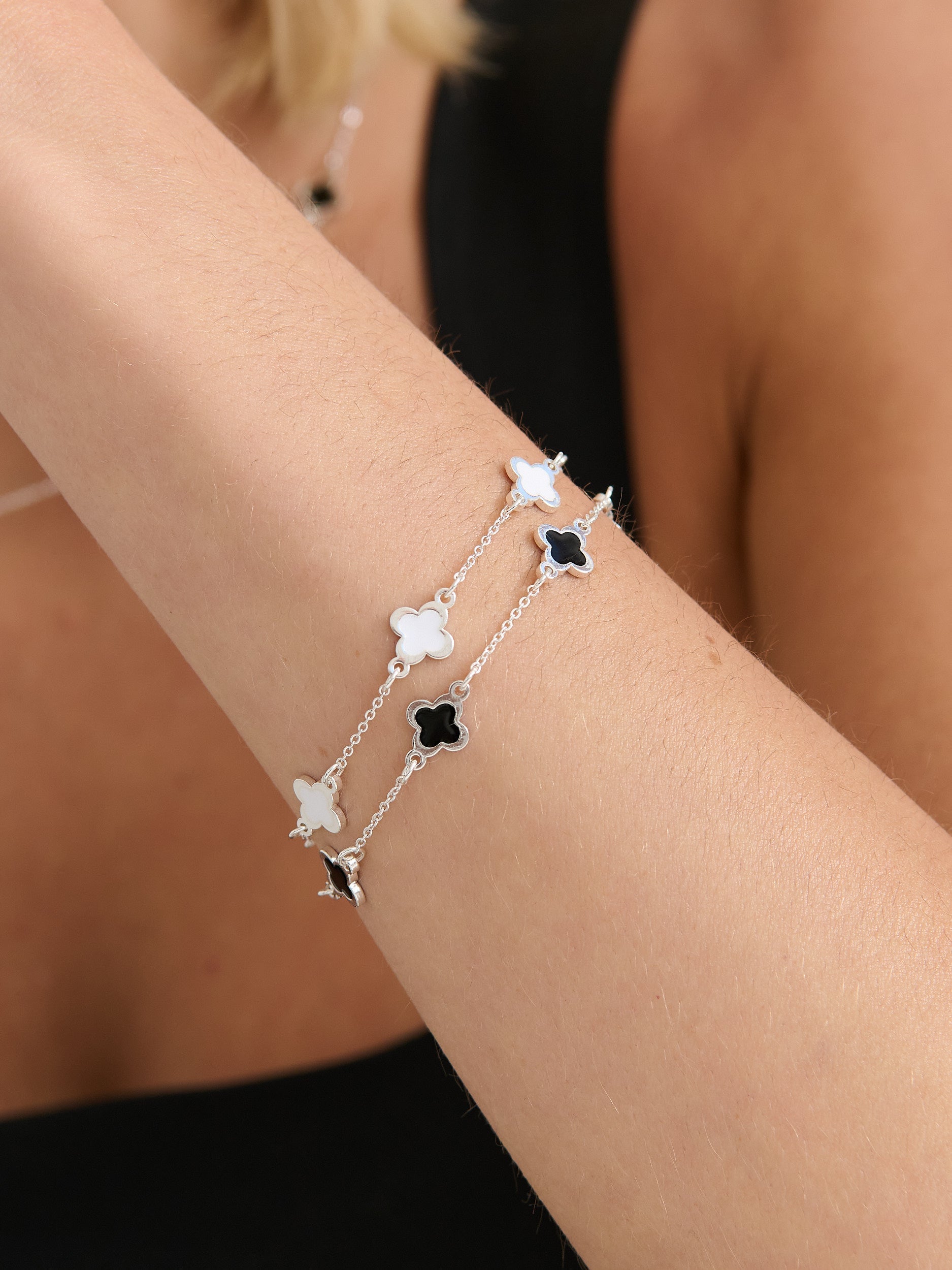 Mini Clover Silver Bracelet - White