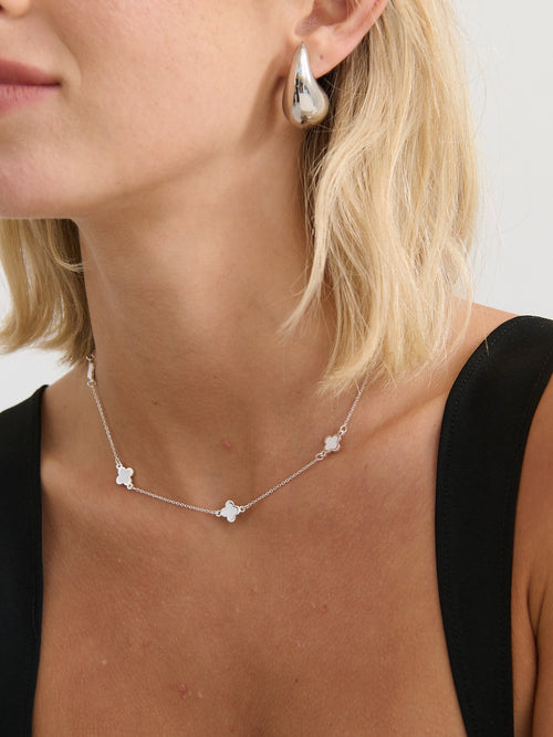 Mini Clover Silver Necklace - White