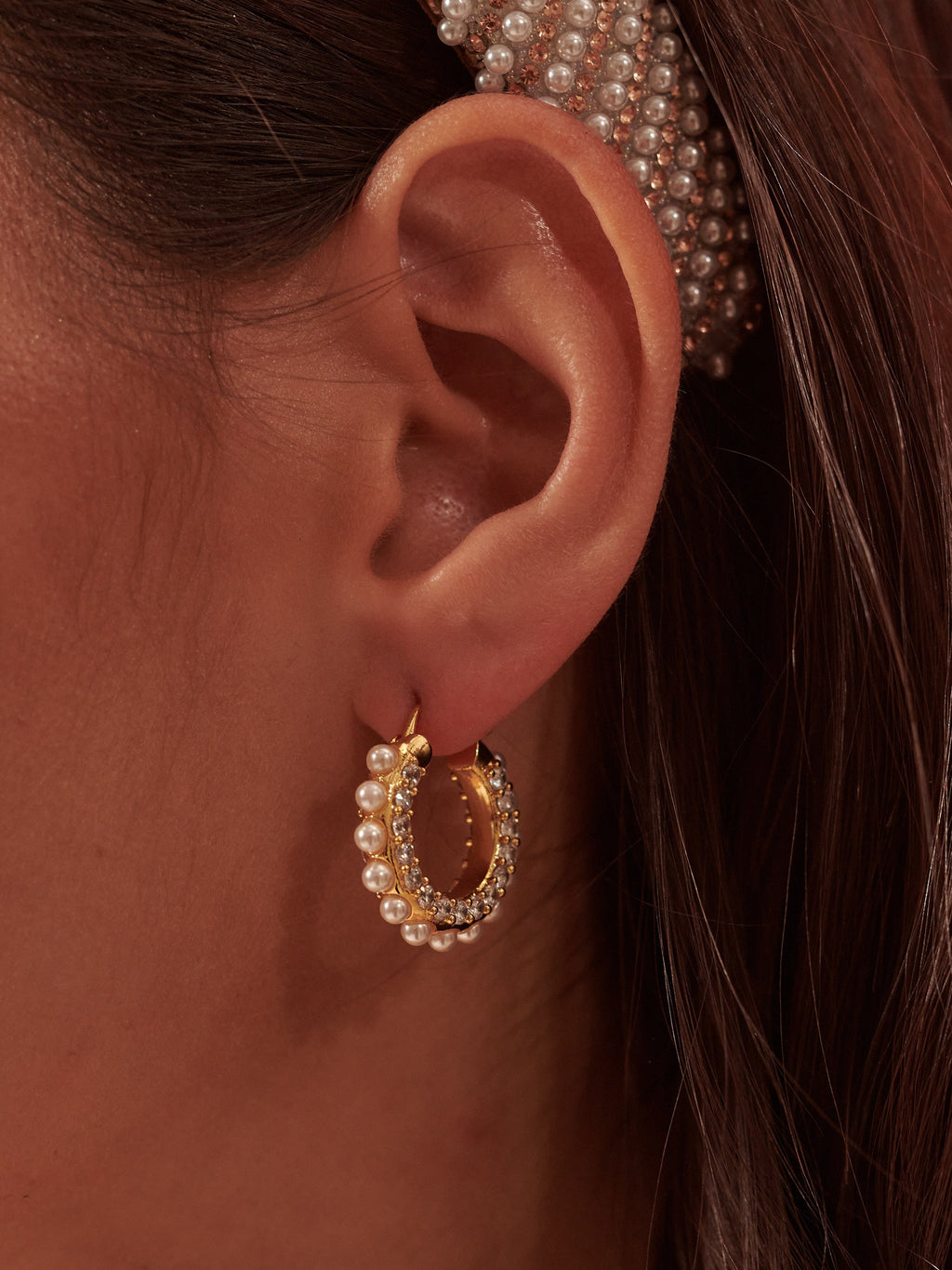 Vana Pearl & Crystal Hoop Earrings in 18K Gold Plated