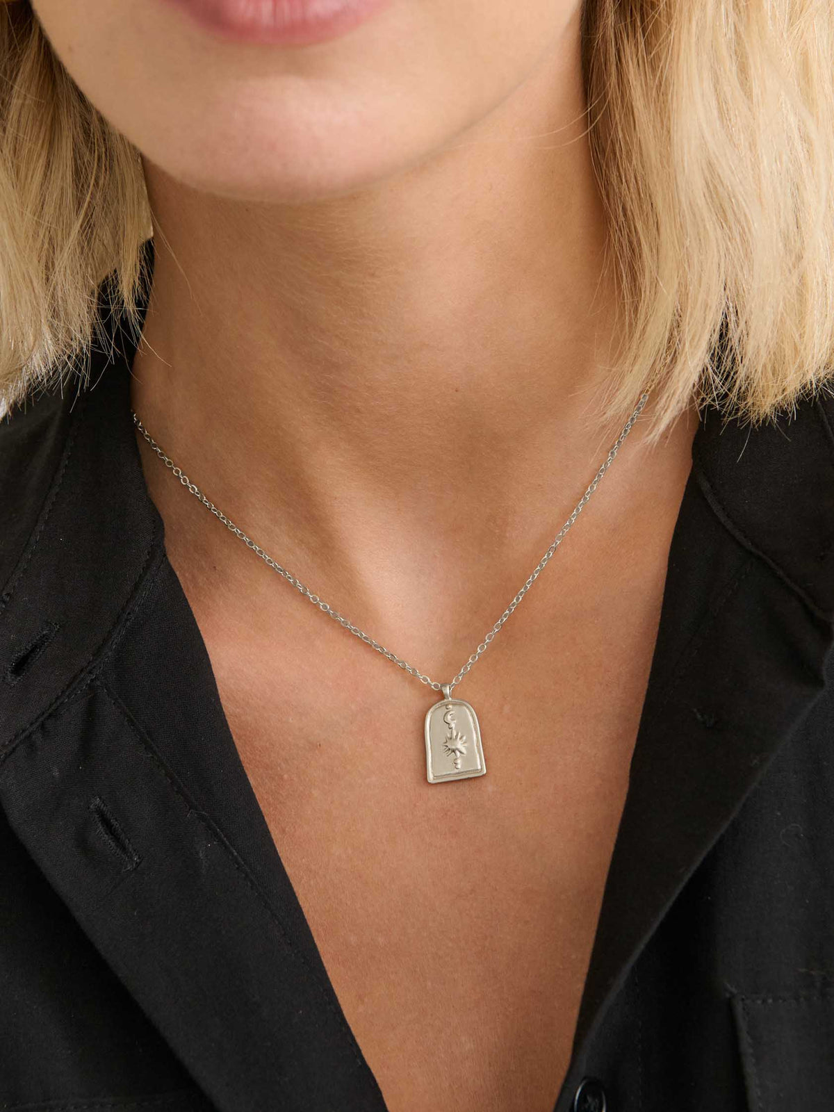 Sun Charm Matte Necklace - Silver Plated
