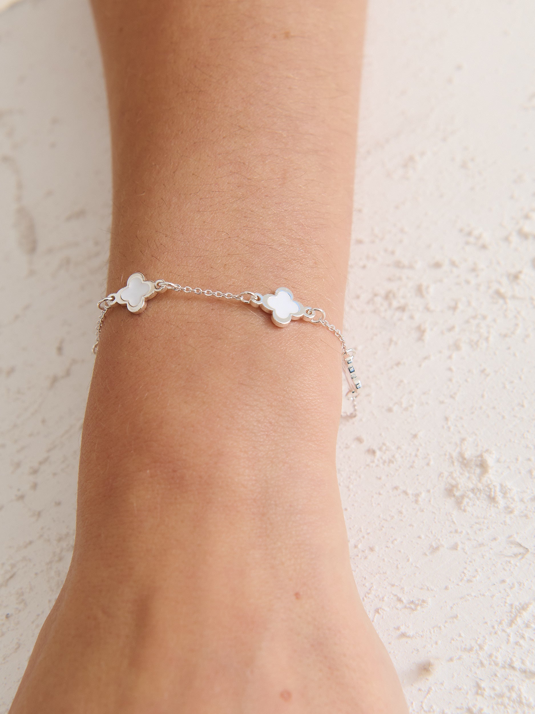Mini Clover Silver Bracelet - White