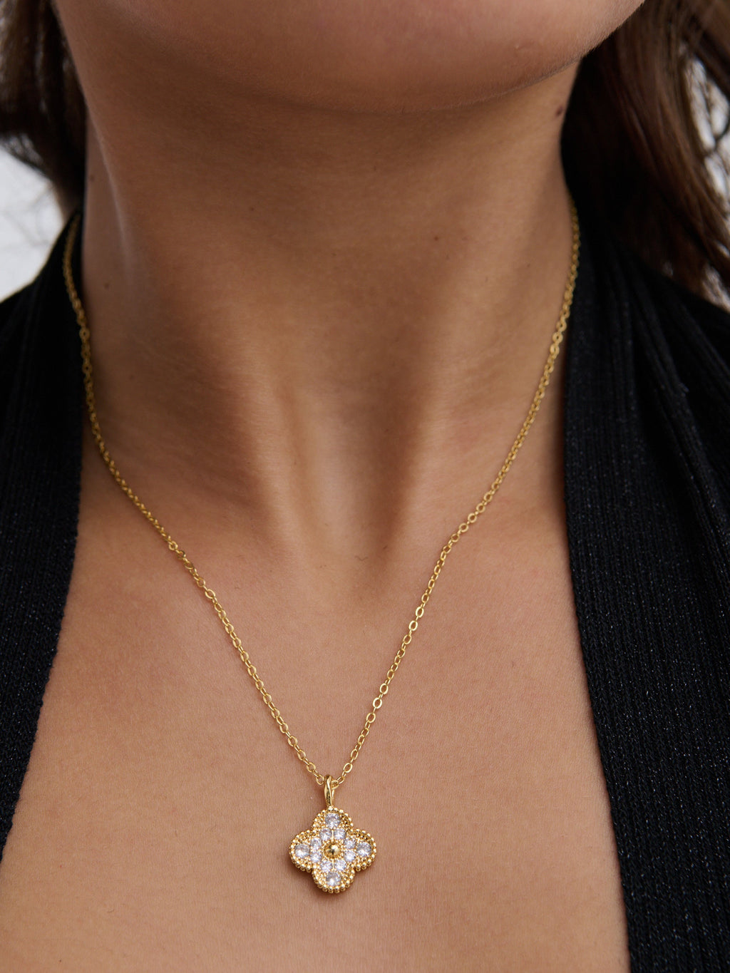 Embellished Clover Necklace - 18K Gold Plated