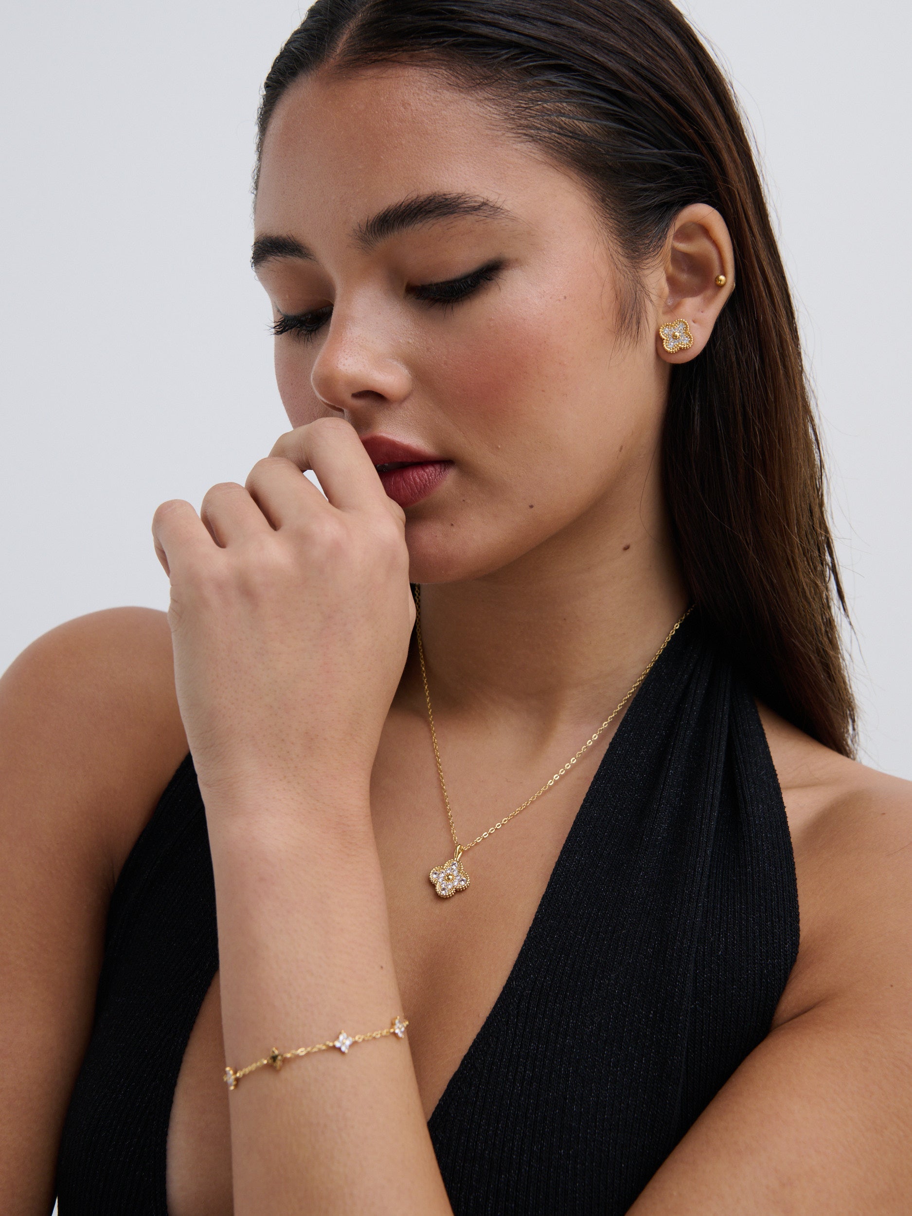 Embellished Clover Earrings - 18K Gold Plated