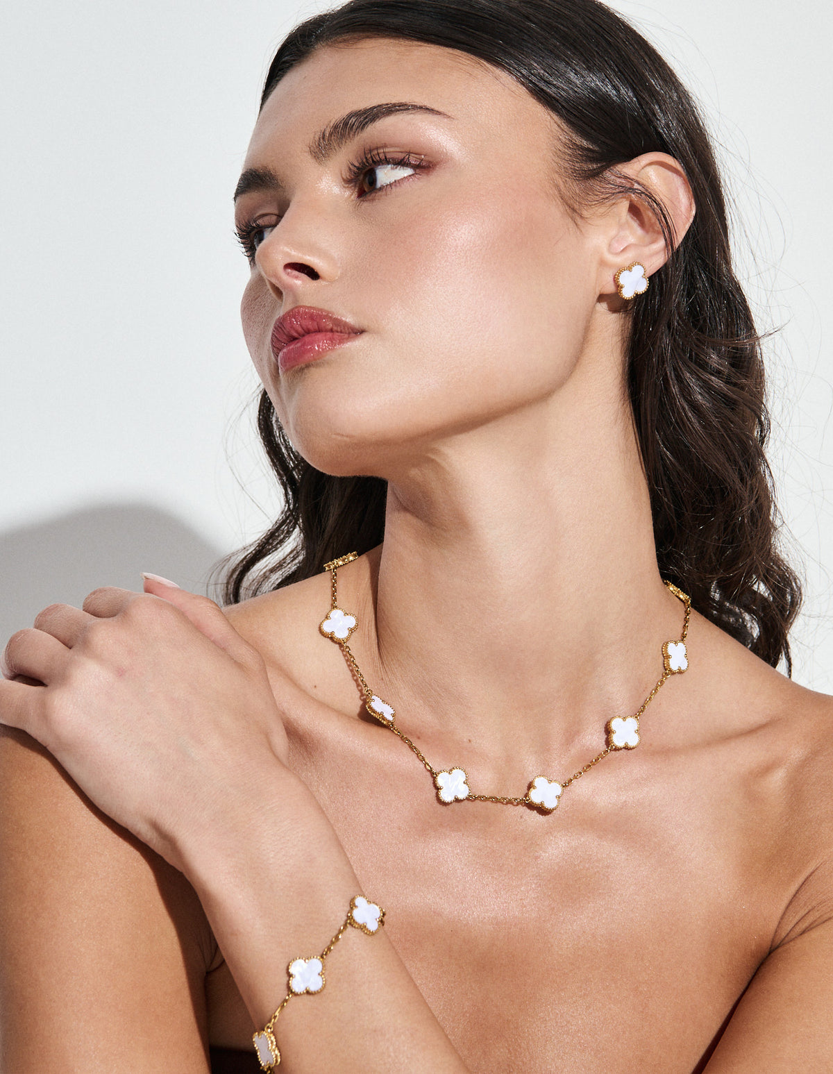 Charlotte Gold Clover Earrings - White