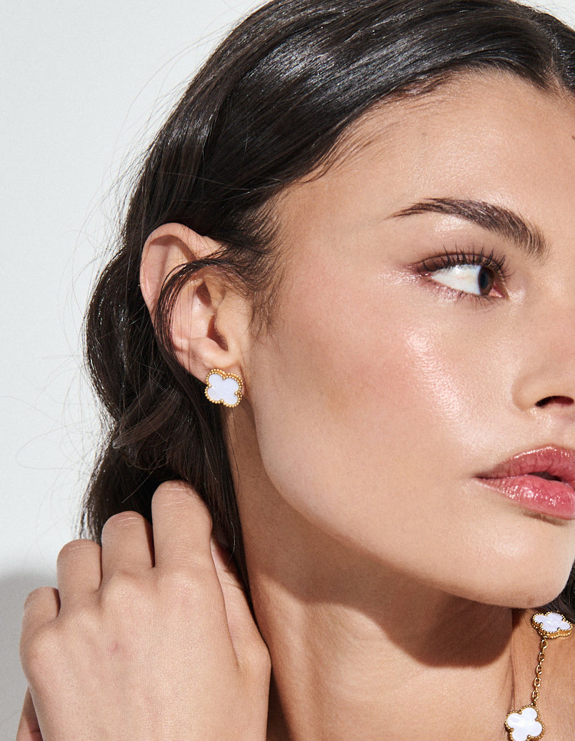 Charlotte Gold Clover Earrings - White