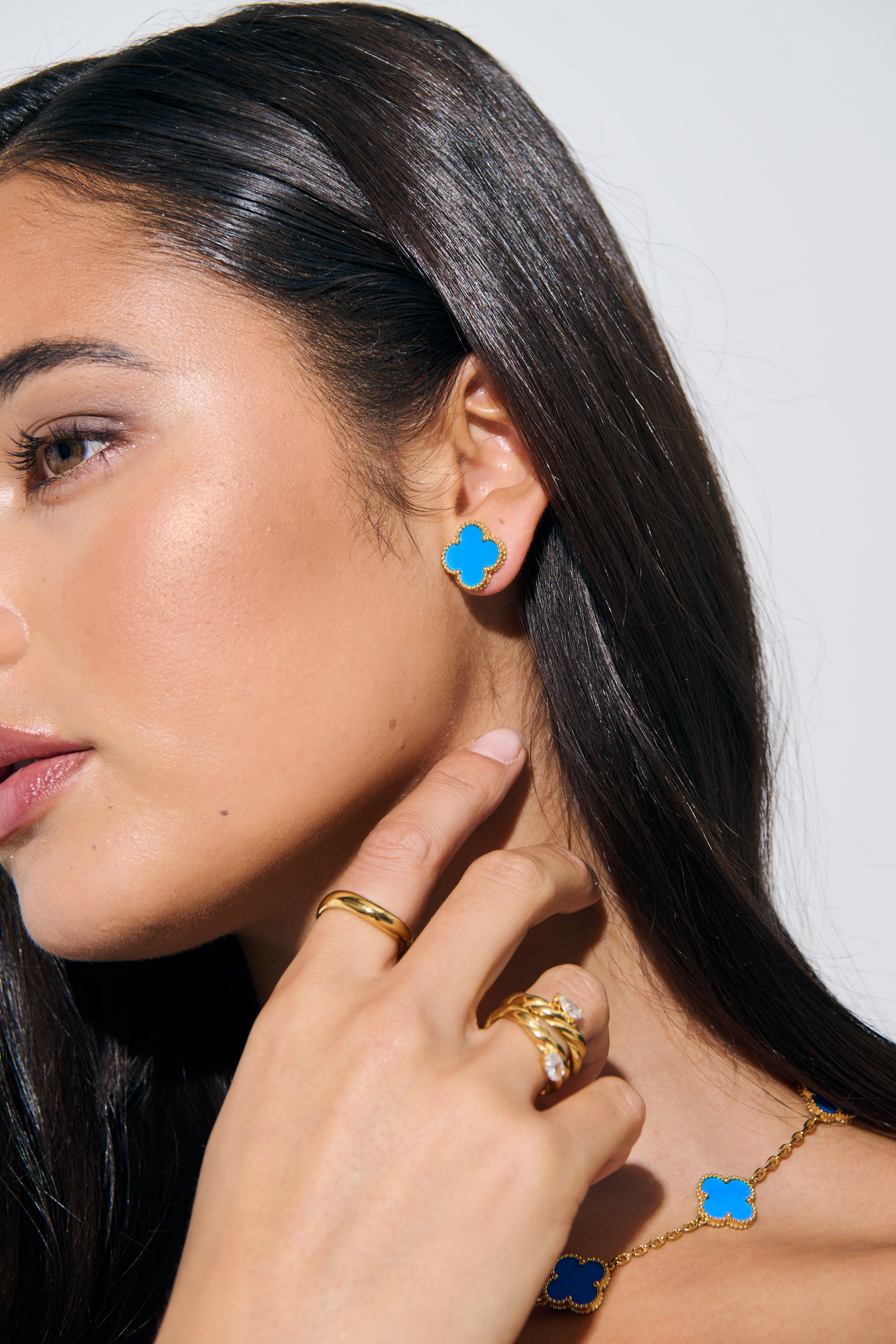 Charlotte Gold Clover Earrings - Blue