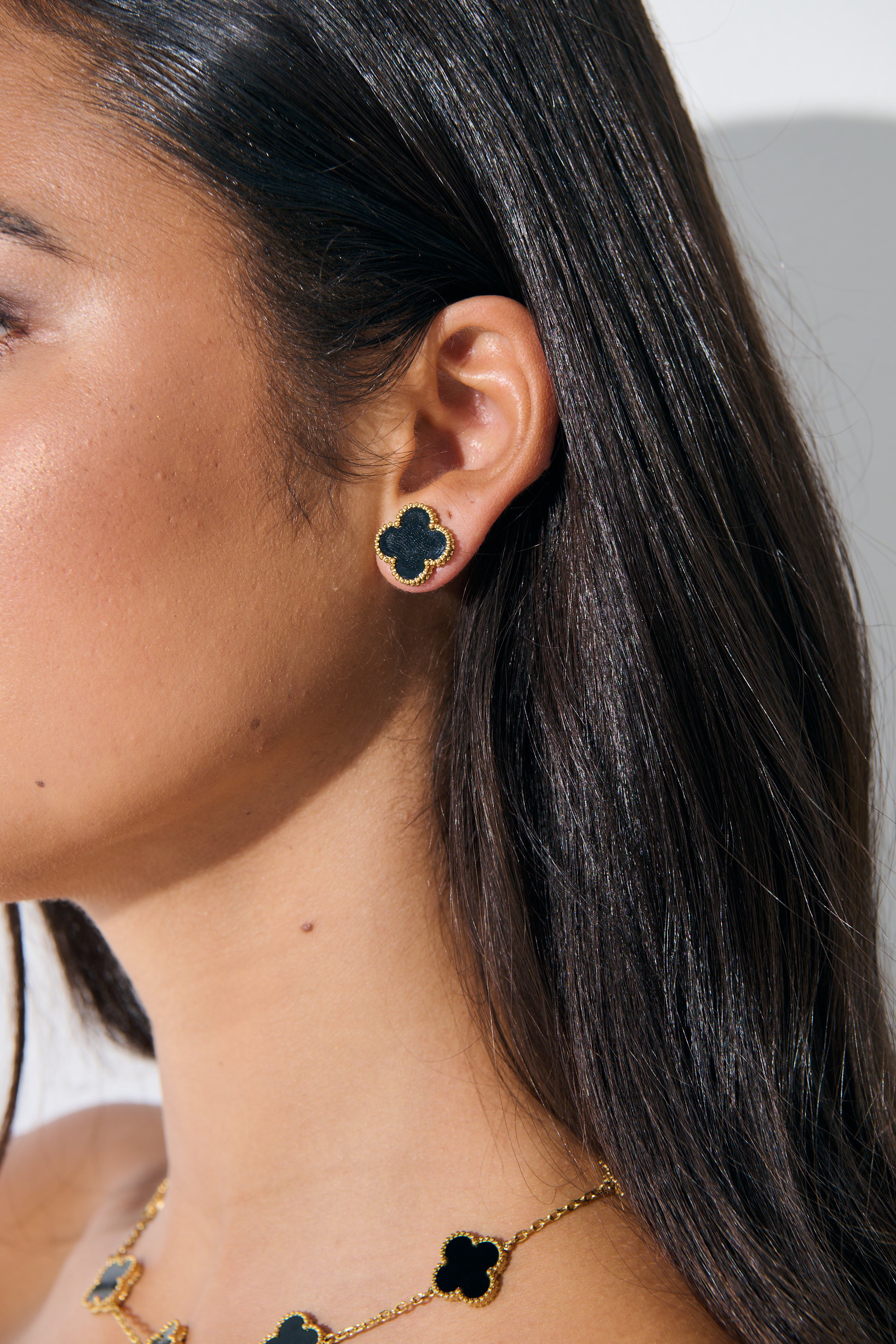 Charlotte Gold Clover Earrings - Black