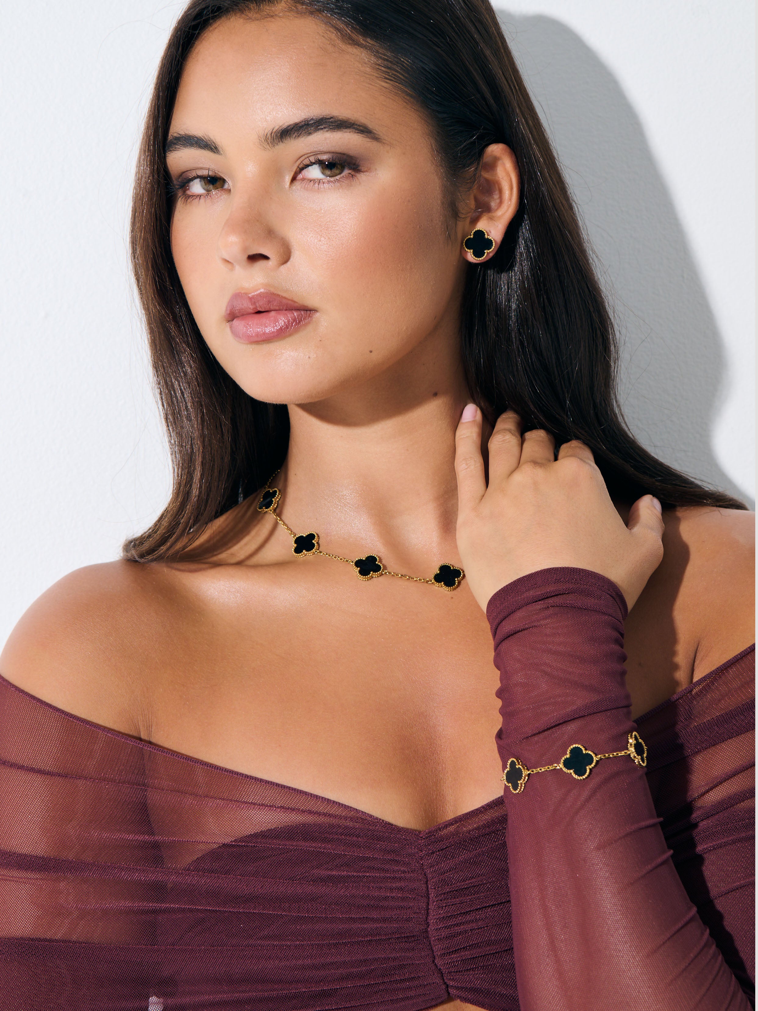 Charlotte Gold Clover Necklace - Black