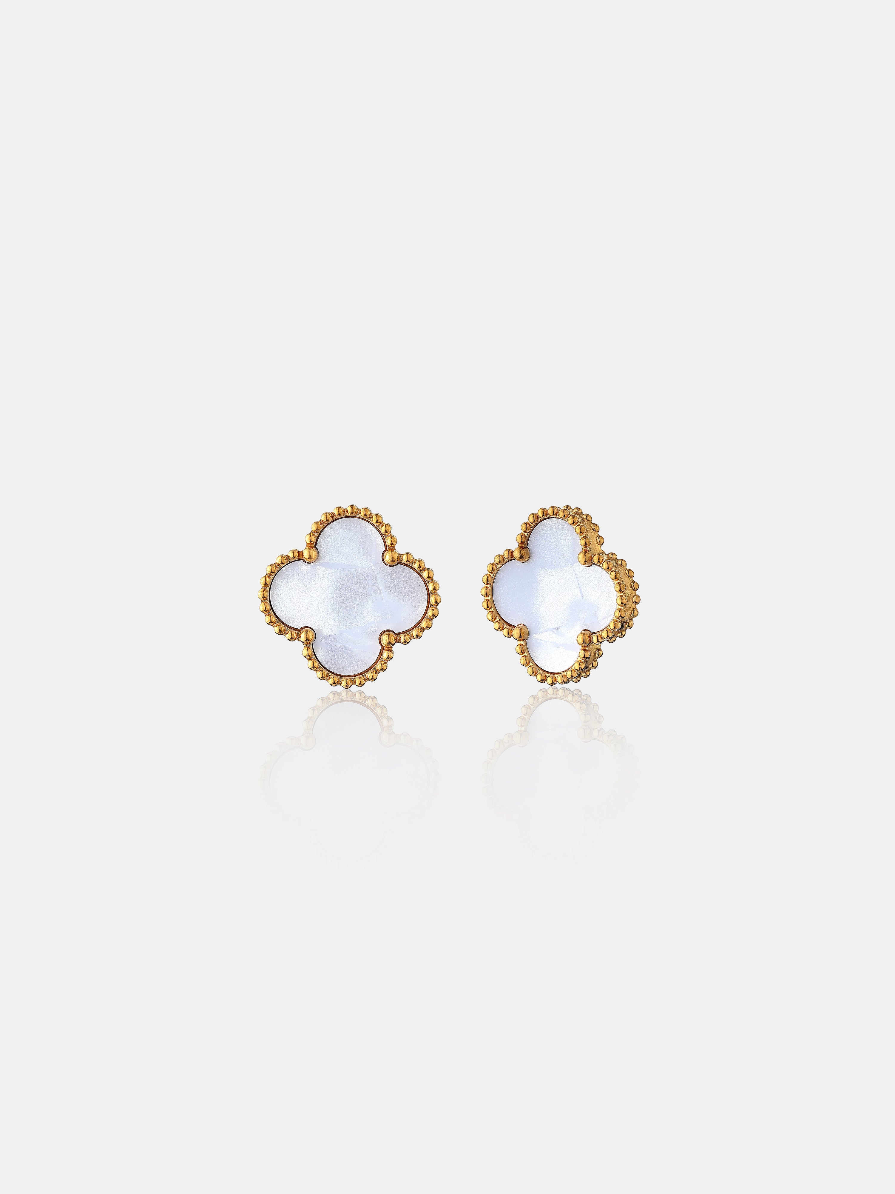 Charlotte Gold Clover Earrings - White