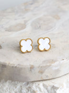 Charlotte Gold Clover Earrings - White