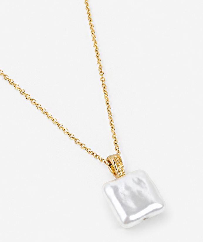 Square Pearl Pendant Necklace - 18k Gold Plated