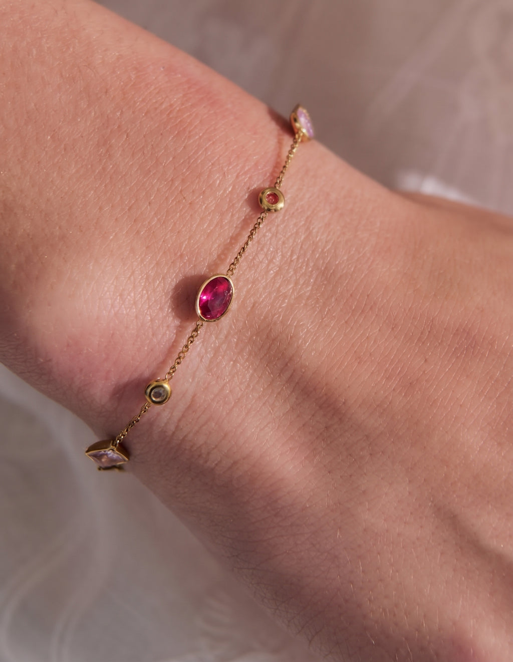 Rosy Glass Crystal Bezel Station Bracelet