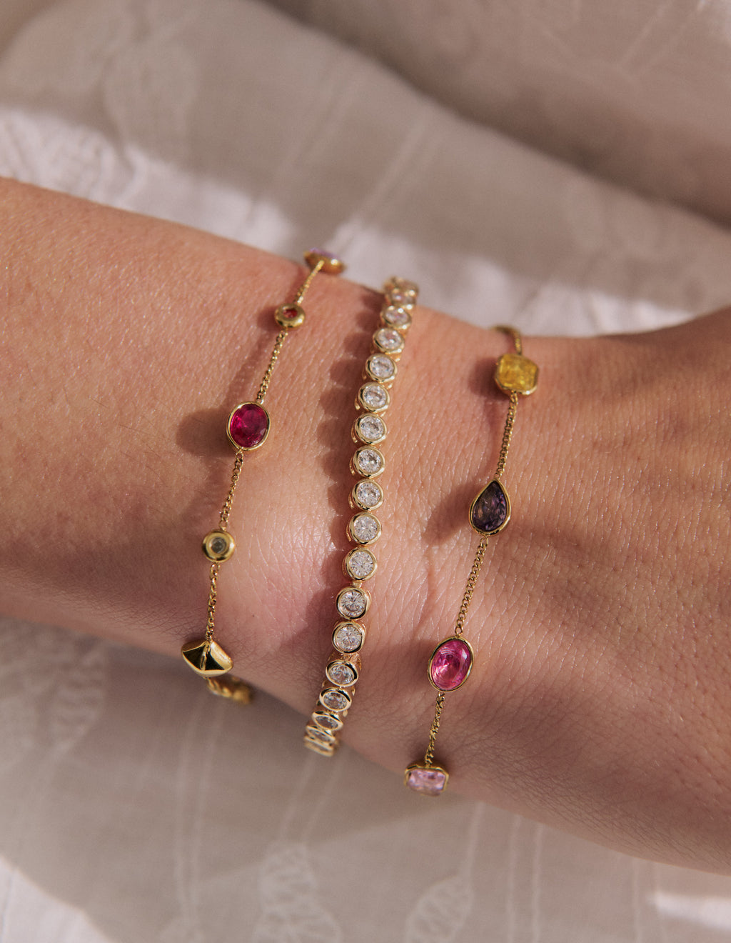 Rainbow Glass Crystal Bezel Station Bracelet