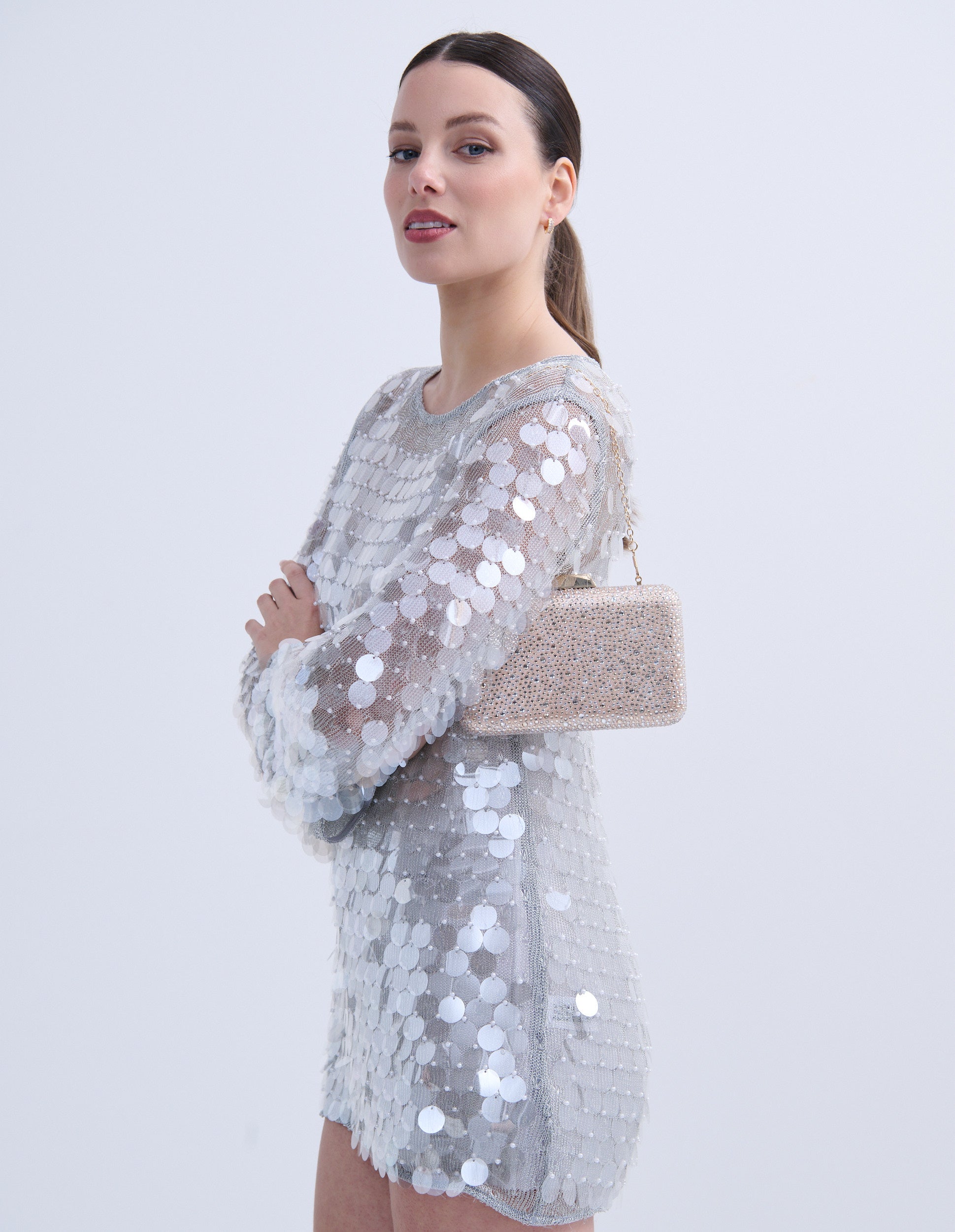 Enna Crystal Satin Clutch - Champagne