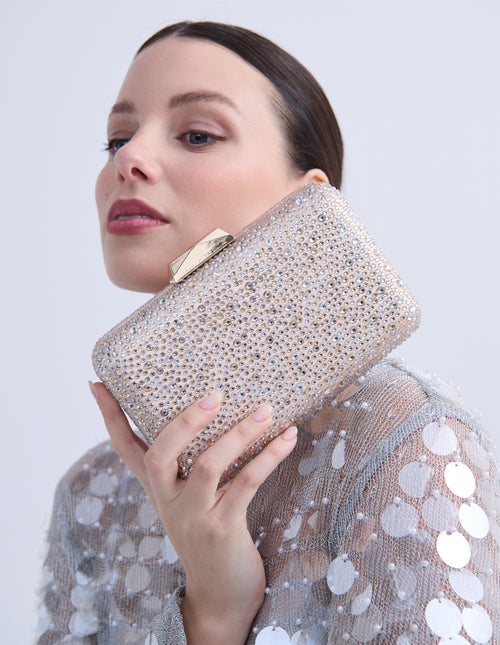 Enna Crystal Satin Clutch - Champagne
