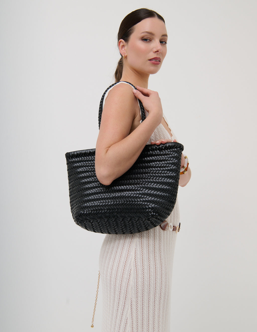 Alba Woven Wide Tote Bag - Black
