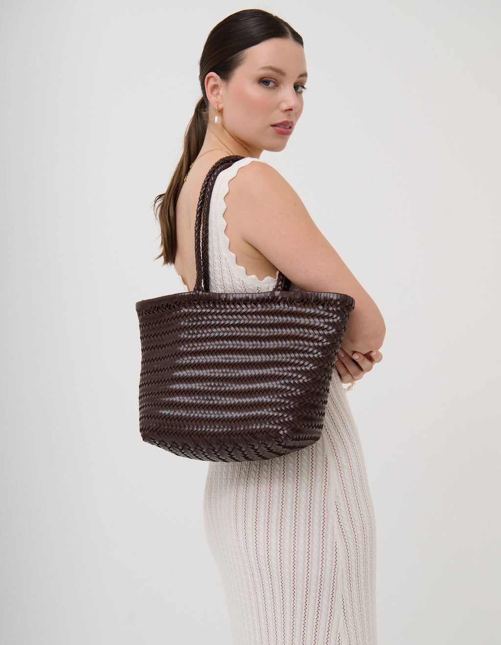 Alba Woven Wide Tote Bag - Brown