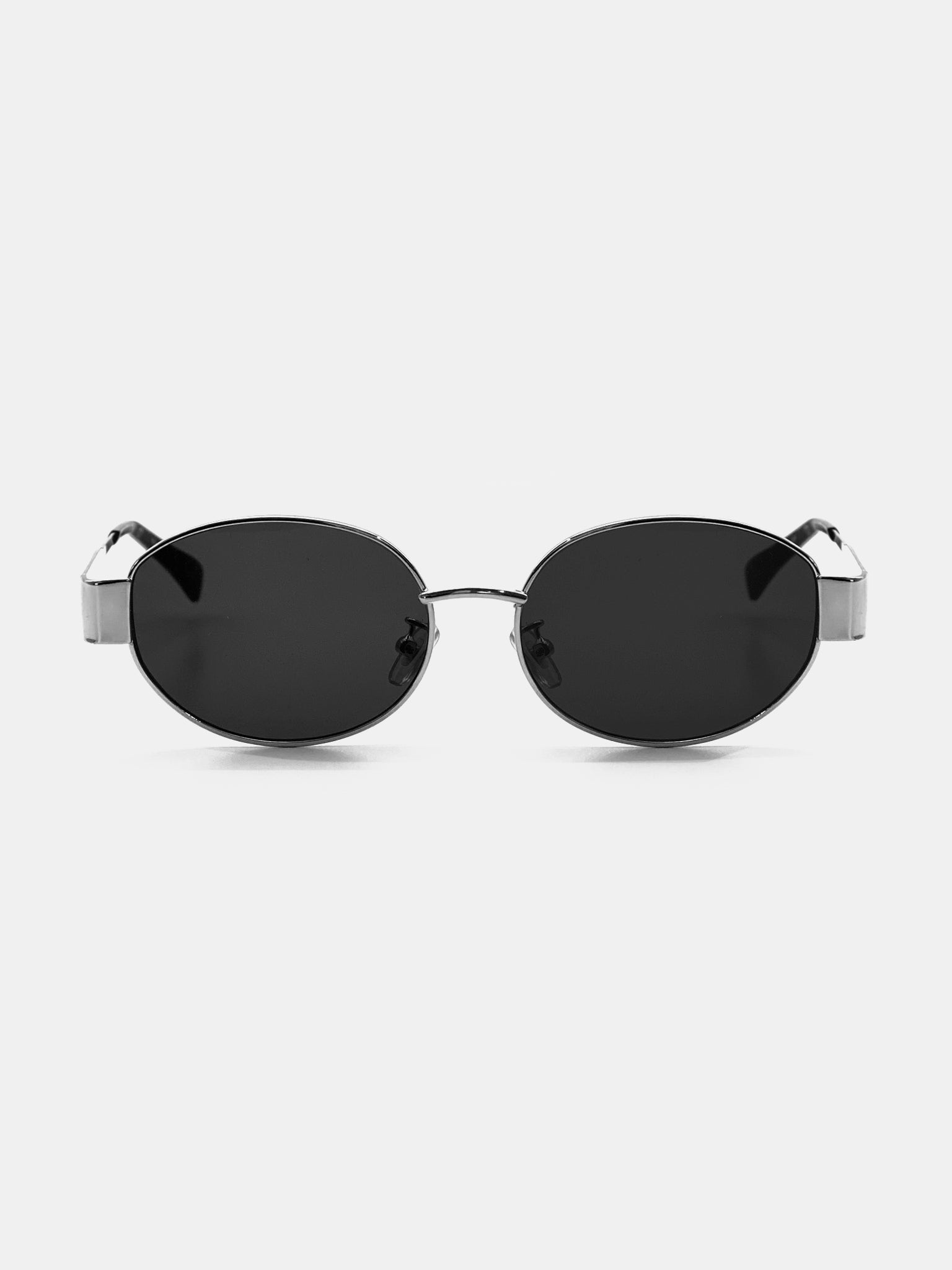 Round Silver Metal Oval Sunglasses - Black