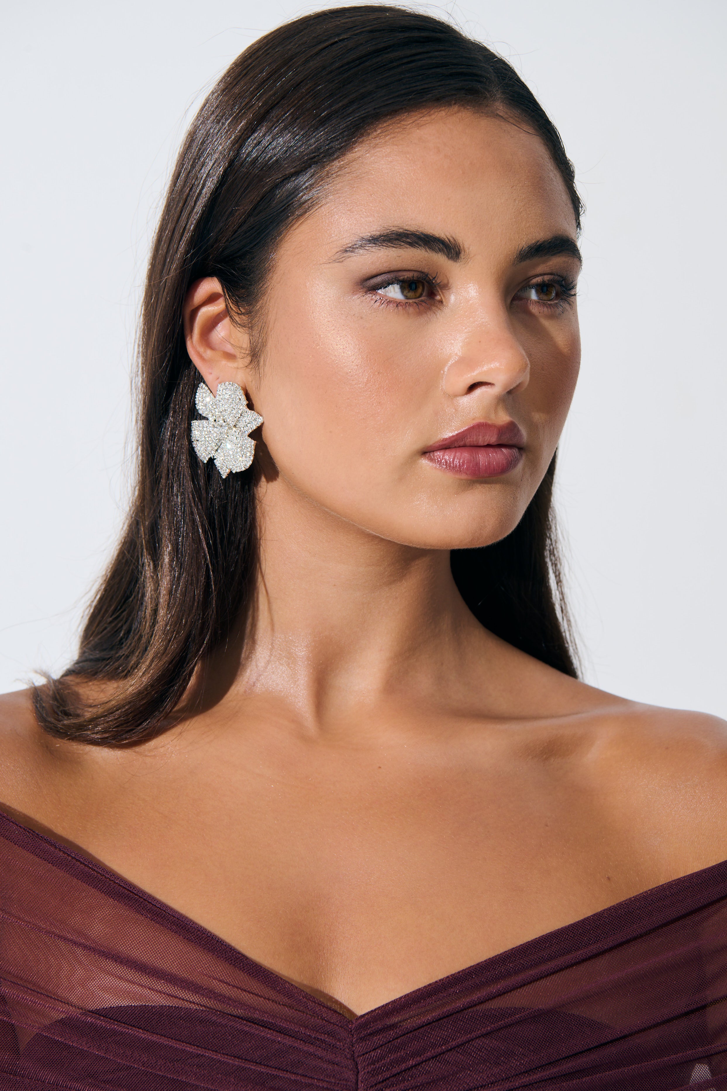 Priscilla Statement Floral Diamante Earrings - Silver