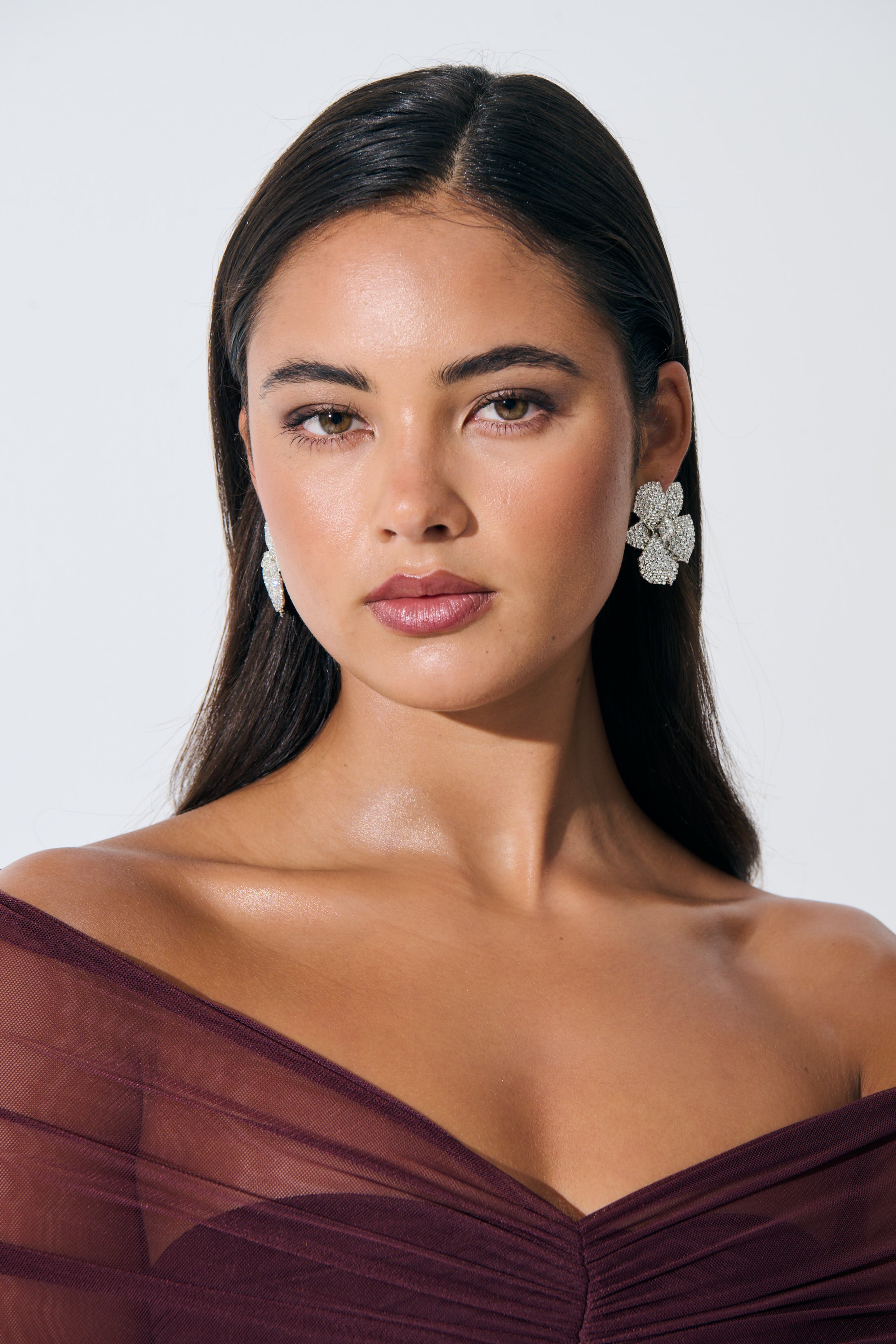 Priscilla Statement Floral Diamante Earrings - Silver