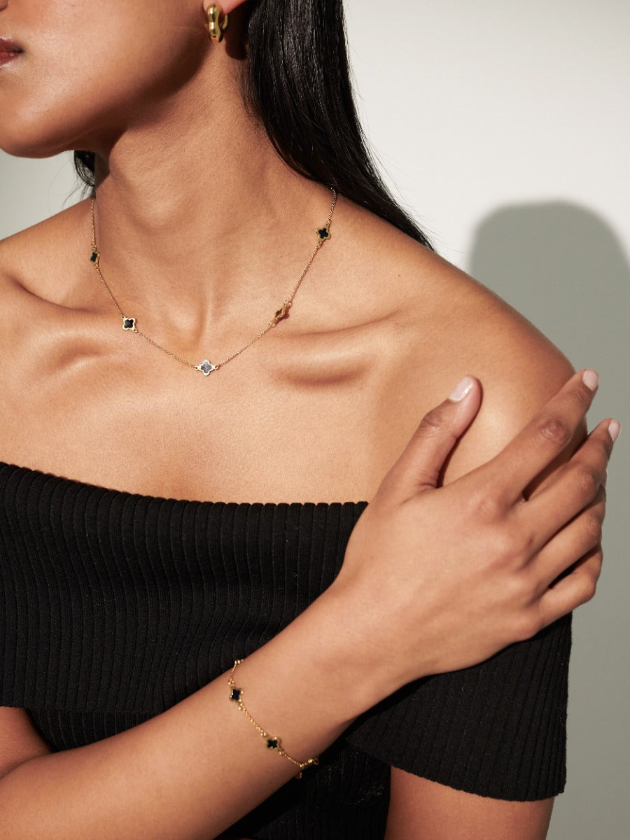 Mini Clover Gold Necklace - Black