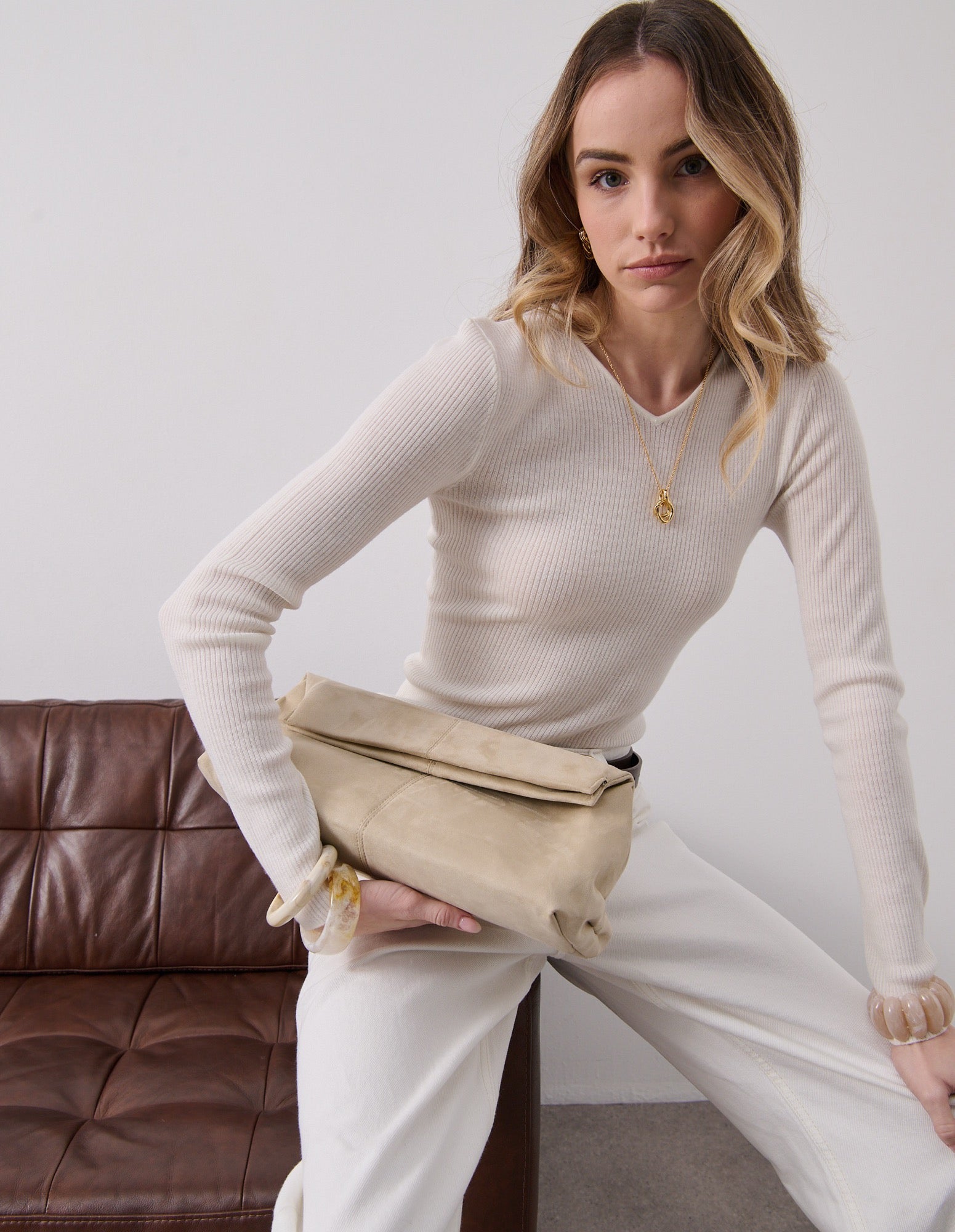 Becca Suede Clutch Bag - Beige