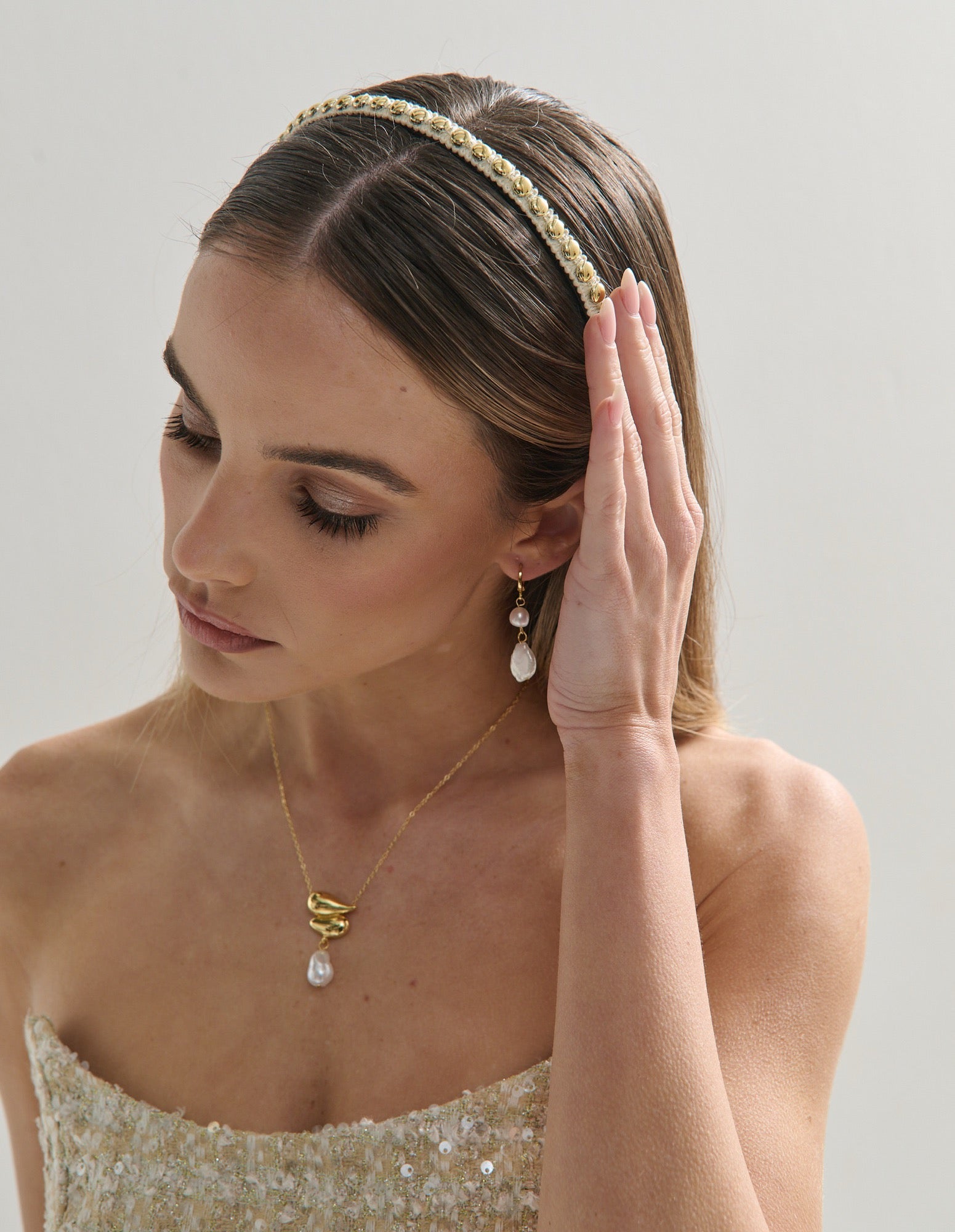 Elaine Stud Skinny Headband in White