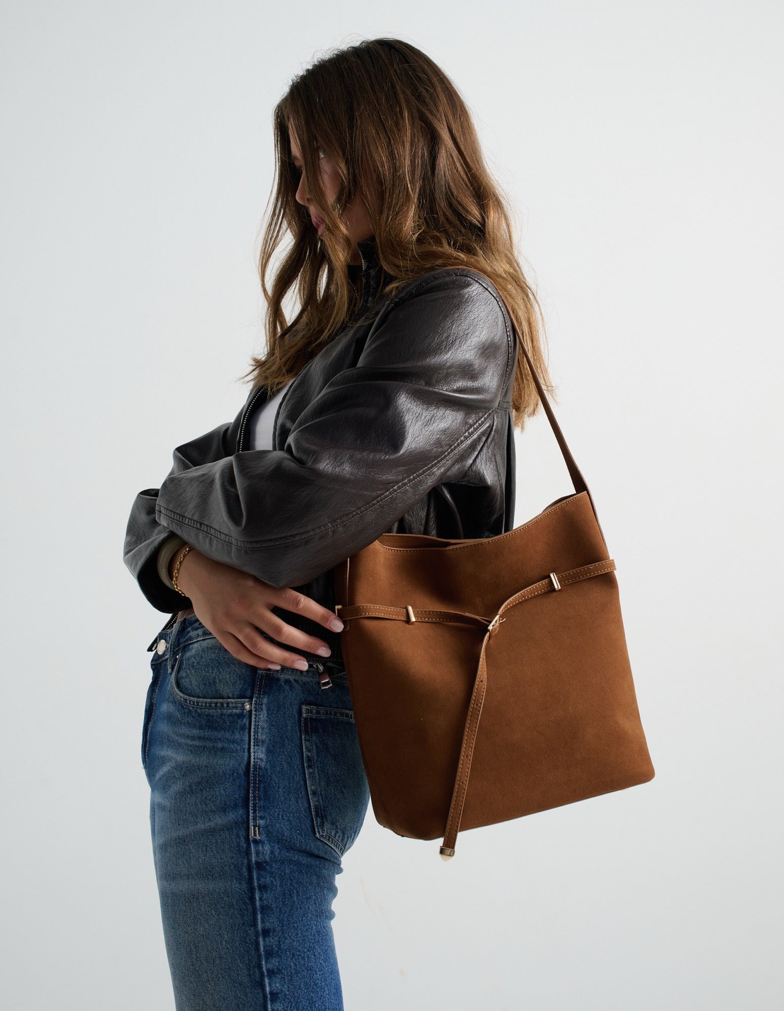 Leonie Belt Bucket Bag - Tan Suede