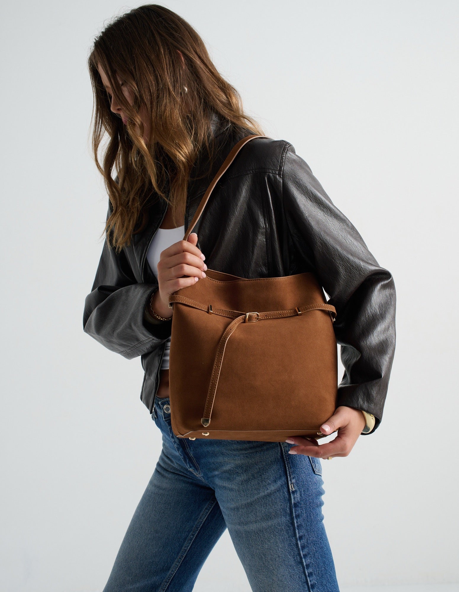 Leonie Belt Bucket Bag - Tan Suede