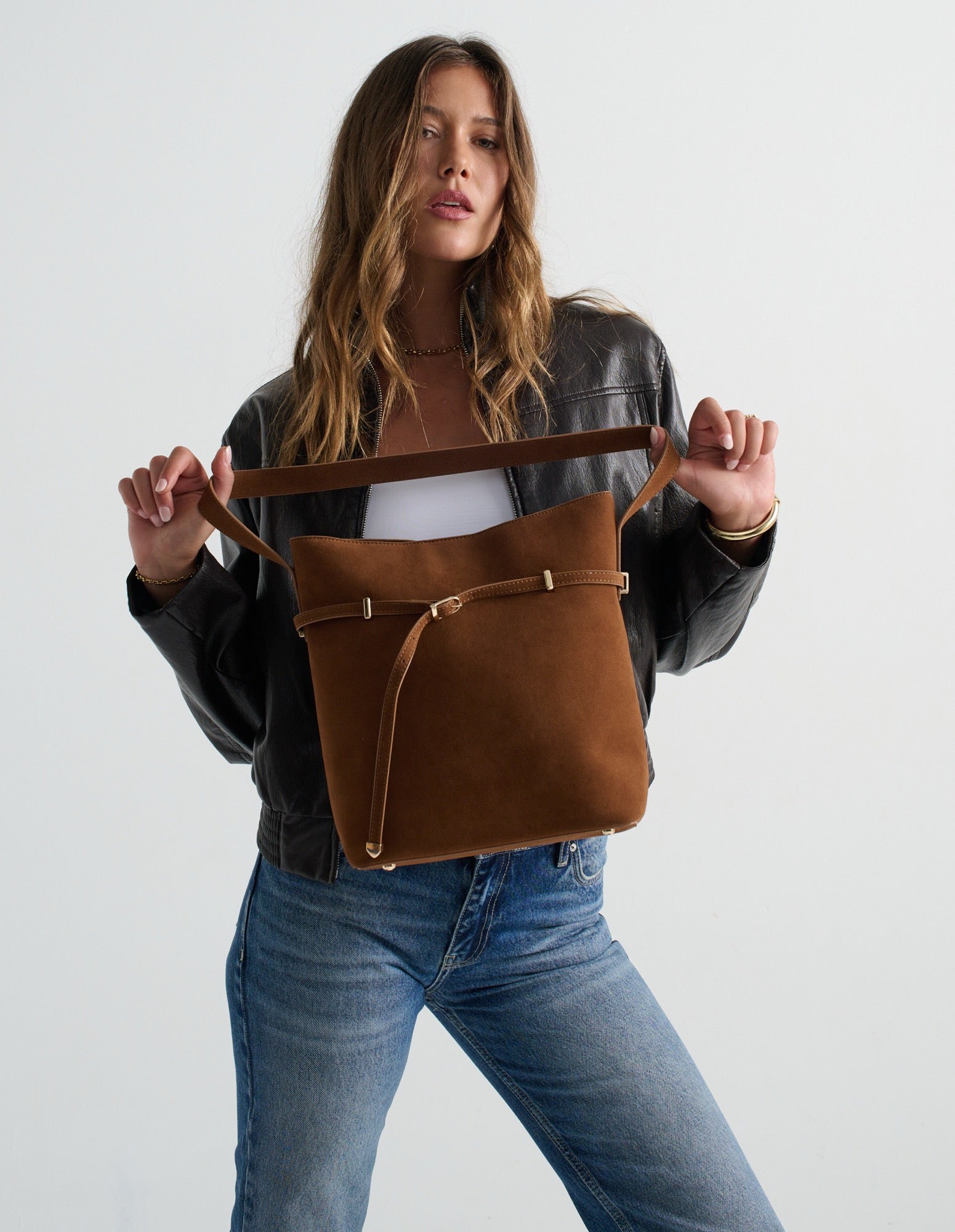 Leonie Belt Bucket Bag - Tan Suede