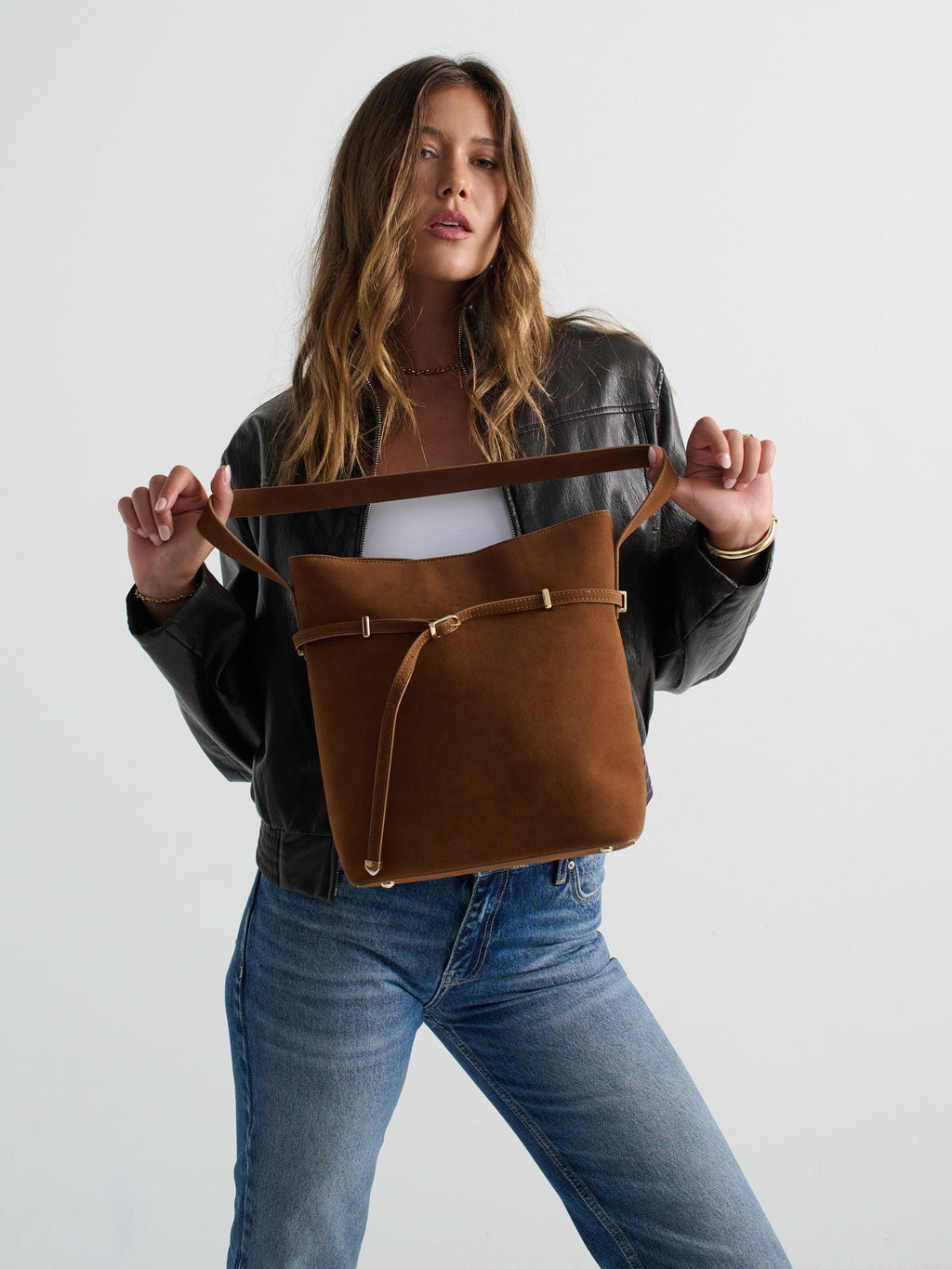 Leonie Belt Bucket Bag - Tan Suede