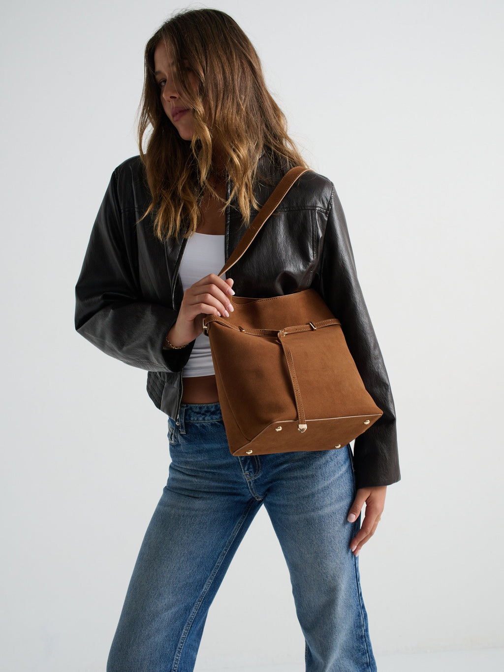 Leonie Belt Bucket Bag - Tan Suede