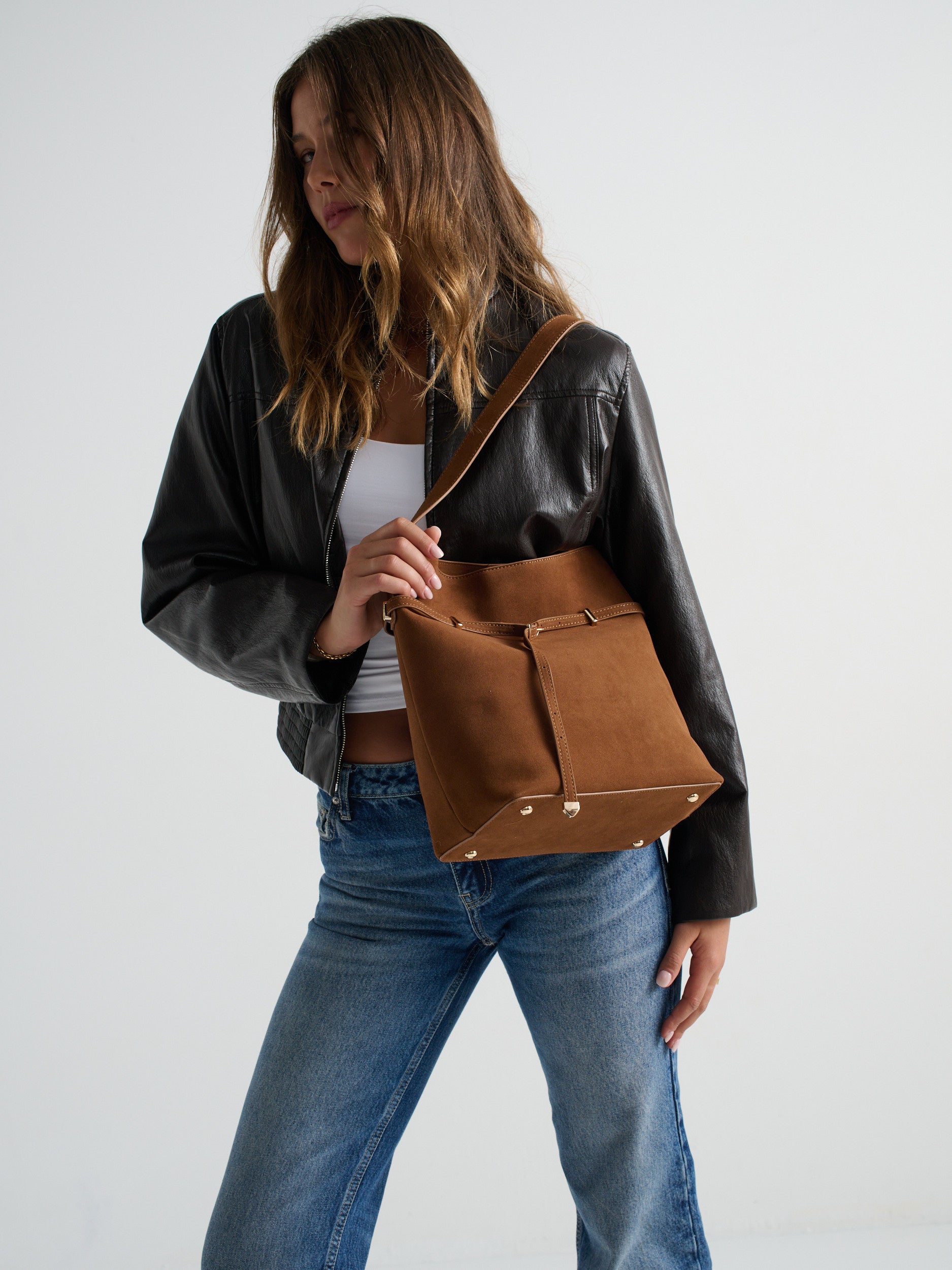 Leonie Belt Bucket Bag - Tan Suede